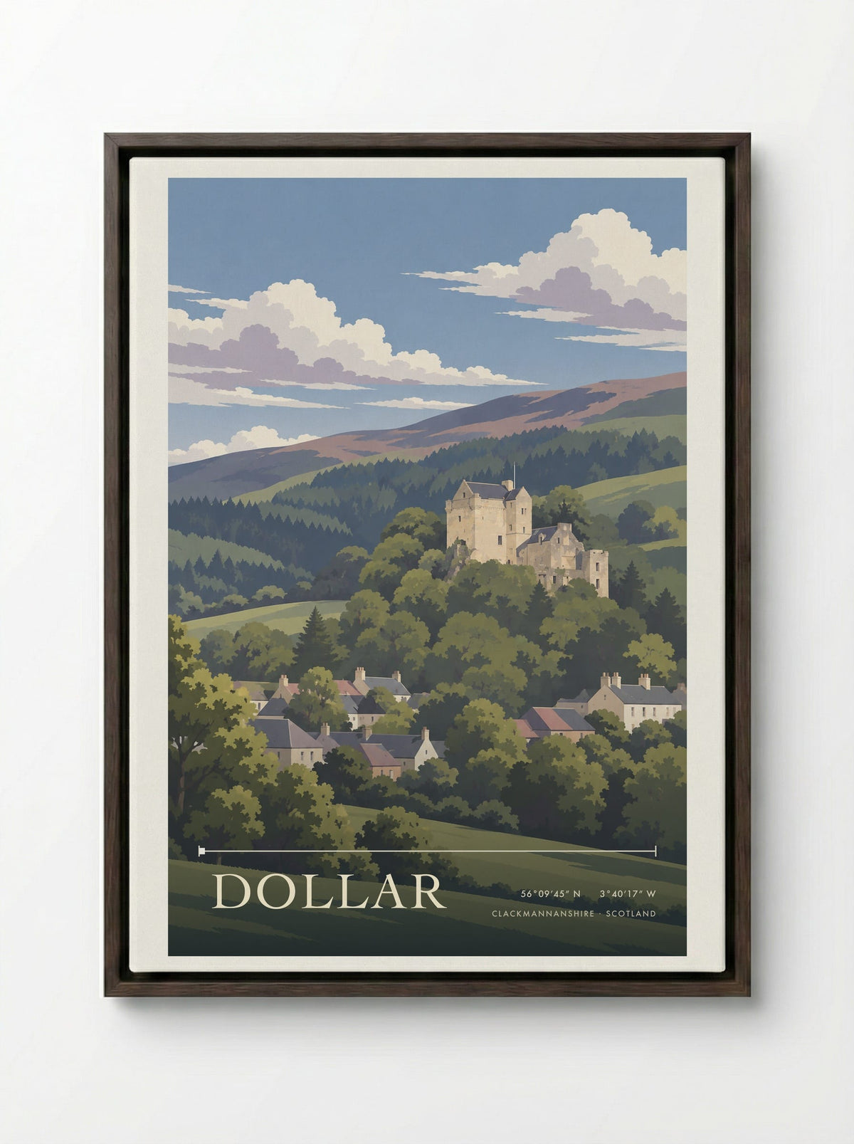 Dollar, Clackmannanshire | Travel Poster - Framed Canvas Dark Wood