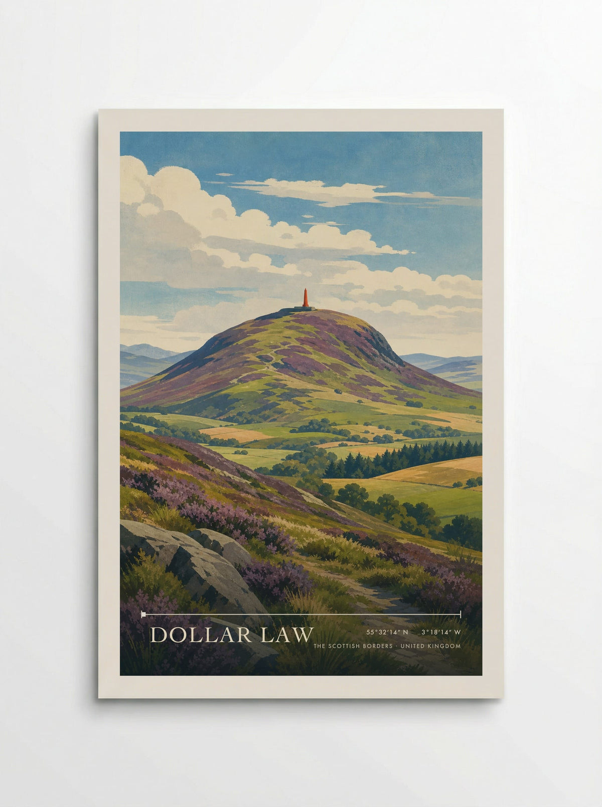 Dollar Law, The Scottish Borders travel poster: heather slopes, a summit monument and sweeping Scottish Borders fields under summer cloud