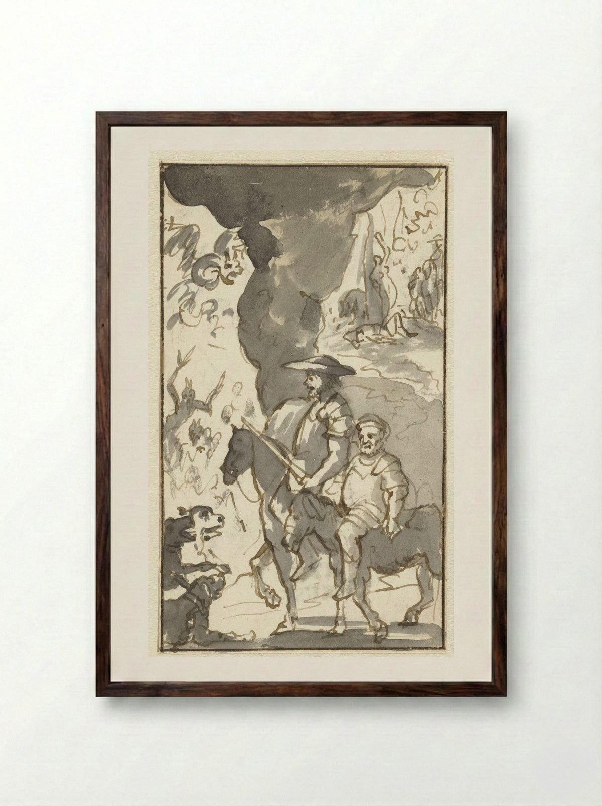 Don Quixote and Sancho Panza Riding Past a Forge - Caspar Luyken - Framed Print Dark Wood