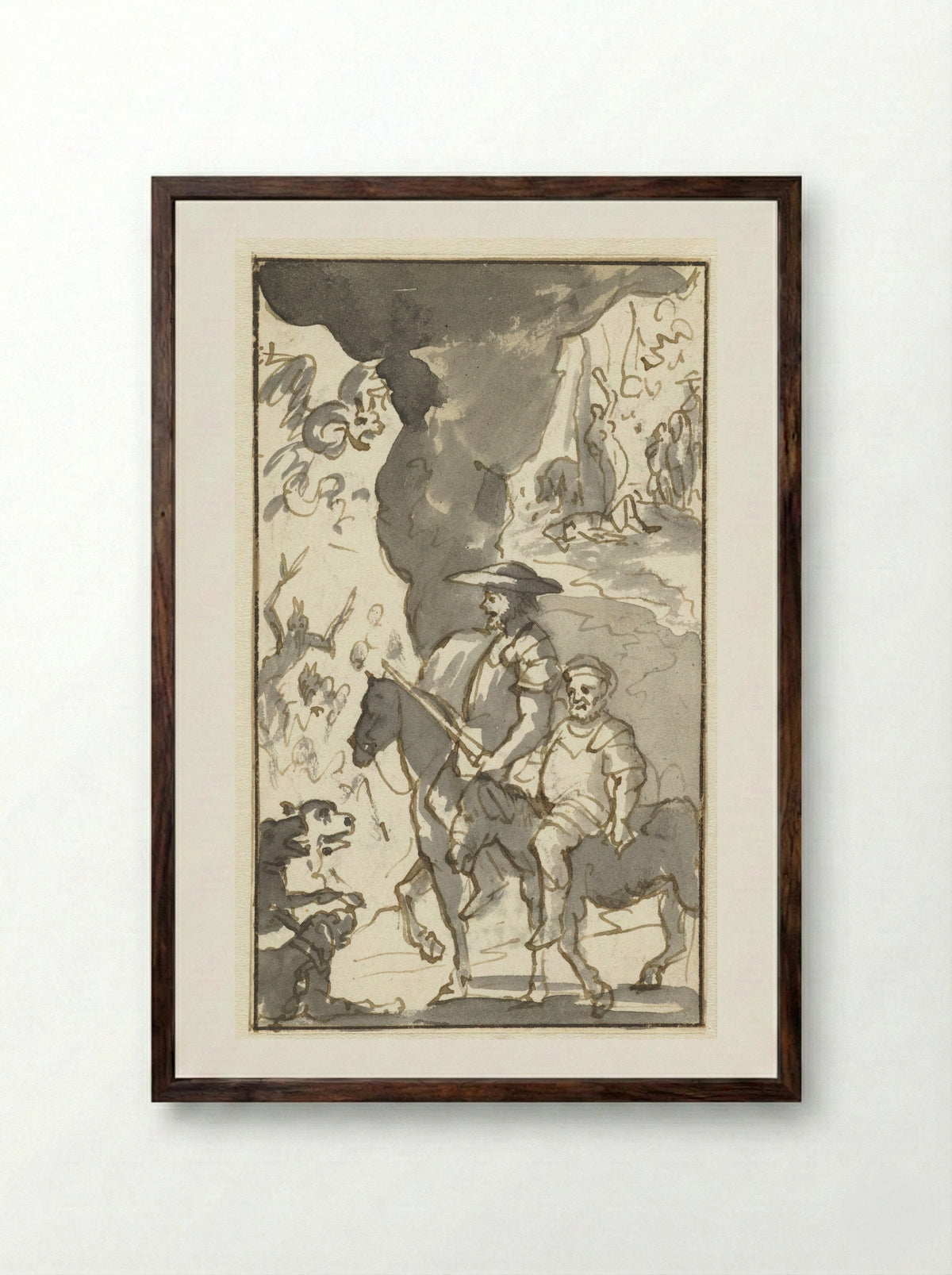 Don Quixote and Sancho Panza Riding Past a Forge - Caspar Luyken - Framed Print Dark Wood