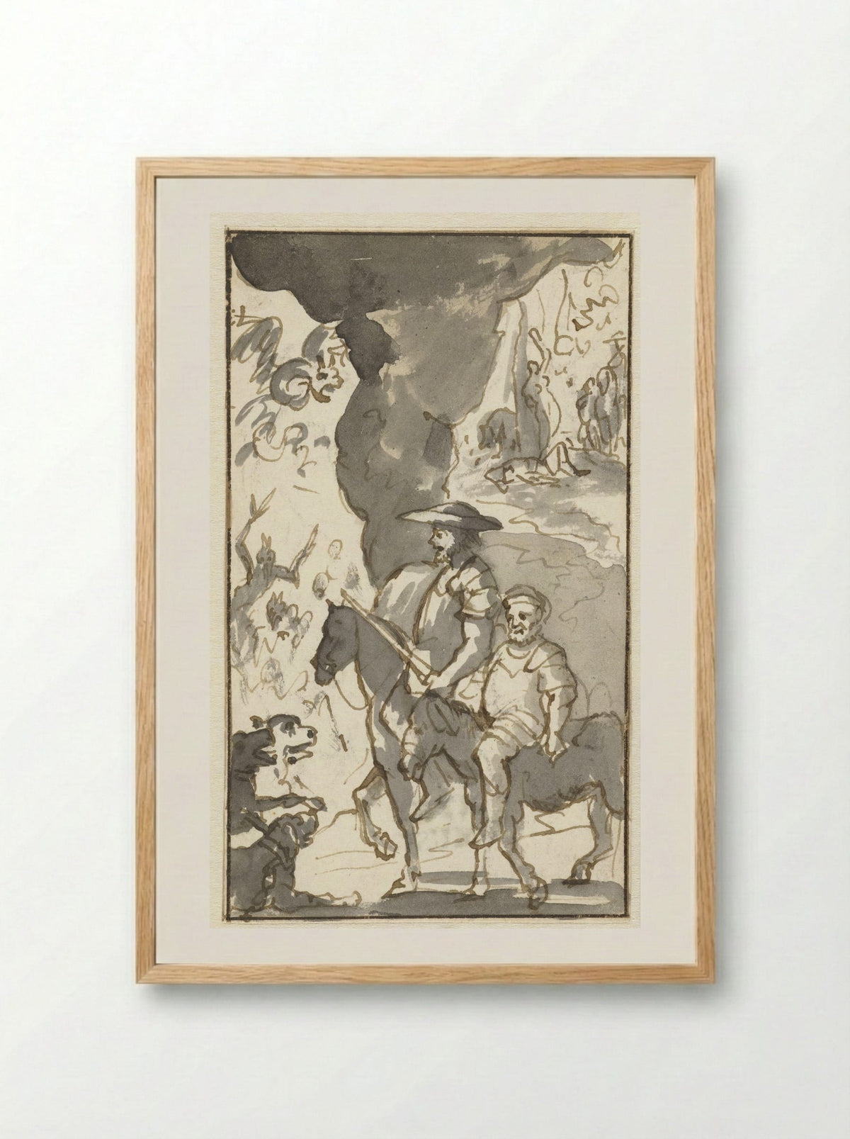 Don Quixote and Sancho Panza Riding Past a Forge - Caspar Luyken - Framed Print Wood