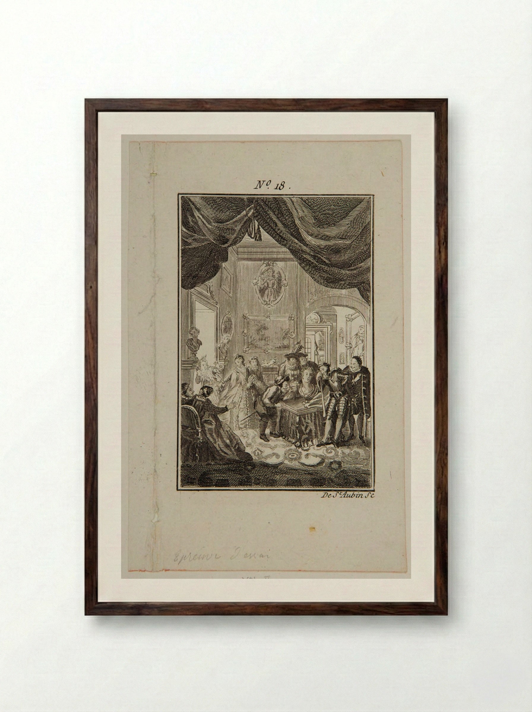 Don Quixote consults the enchanted head at Don Antonio Moreno's place - Augustin de Saint-Aubin - Framed Print Dark Wood