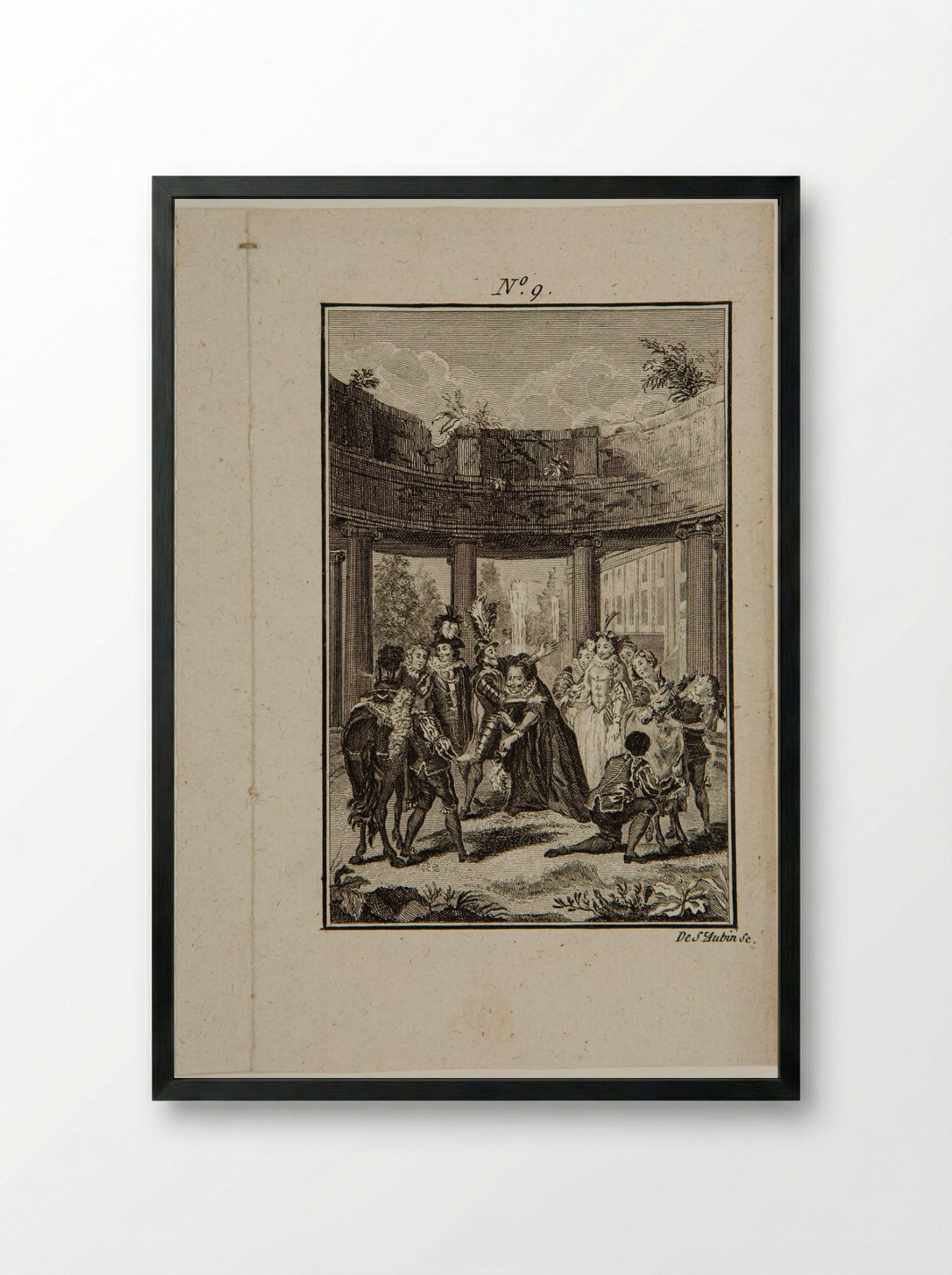Don Quixote embraces Sancho before the squire leaves for the Island of Barataria - Augustin de Saint-Aubin - Framed Print Black