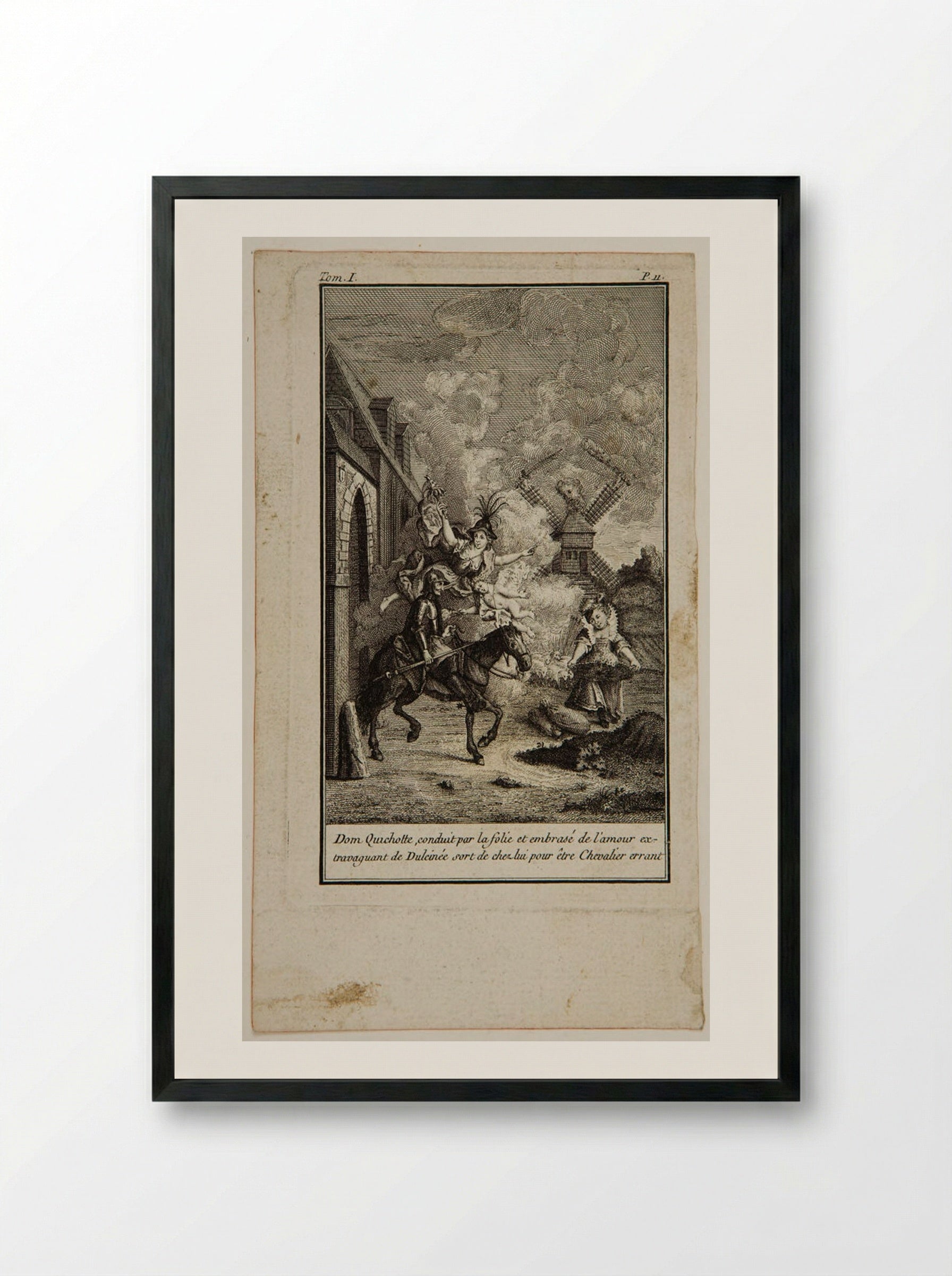 Don Quixote exits his house to become a wandering knight - Augustin de Saint-Aubin - Framed Print Black