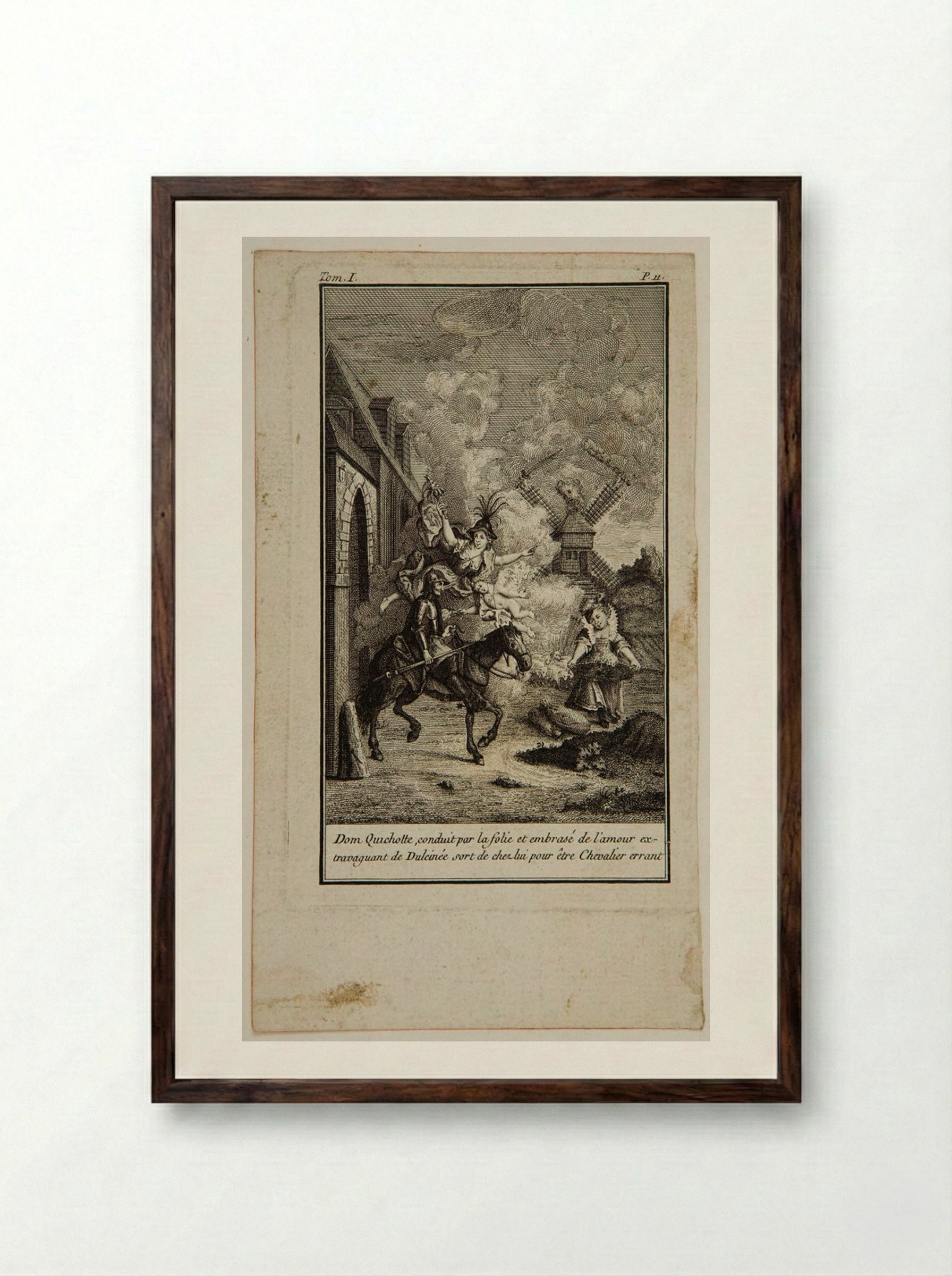 Don Quixote exits his house to become a wandering knight - Augustin de Saint-Aubin - Framed Print Dark Wood