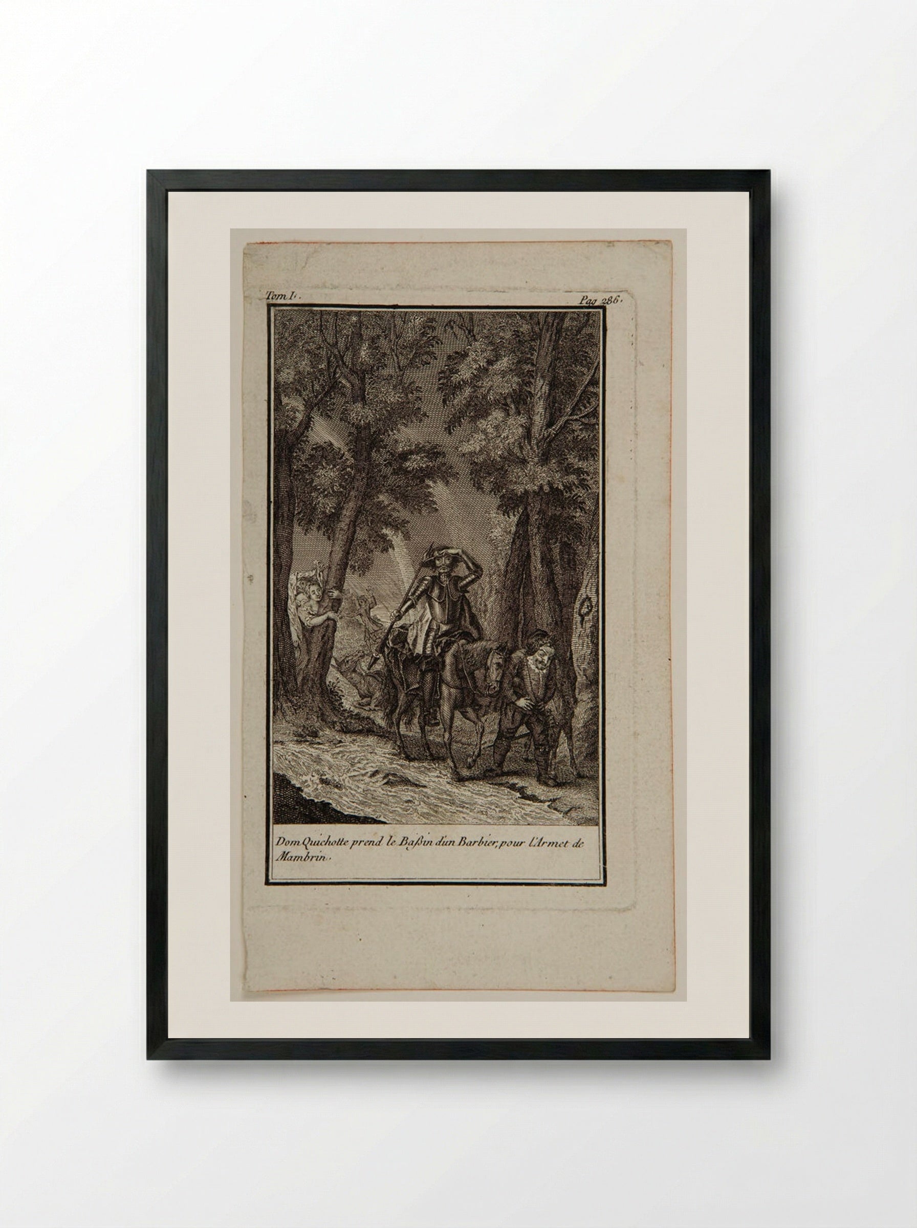 Don Quixote takes the wash basin of a barber - Augustin de Saint-Aubin - Framed Print Black