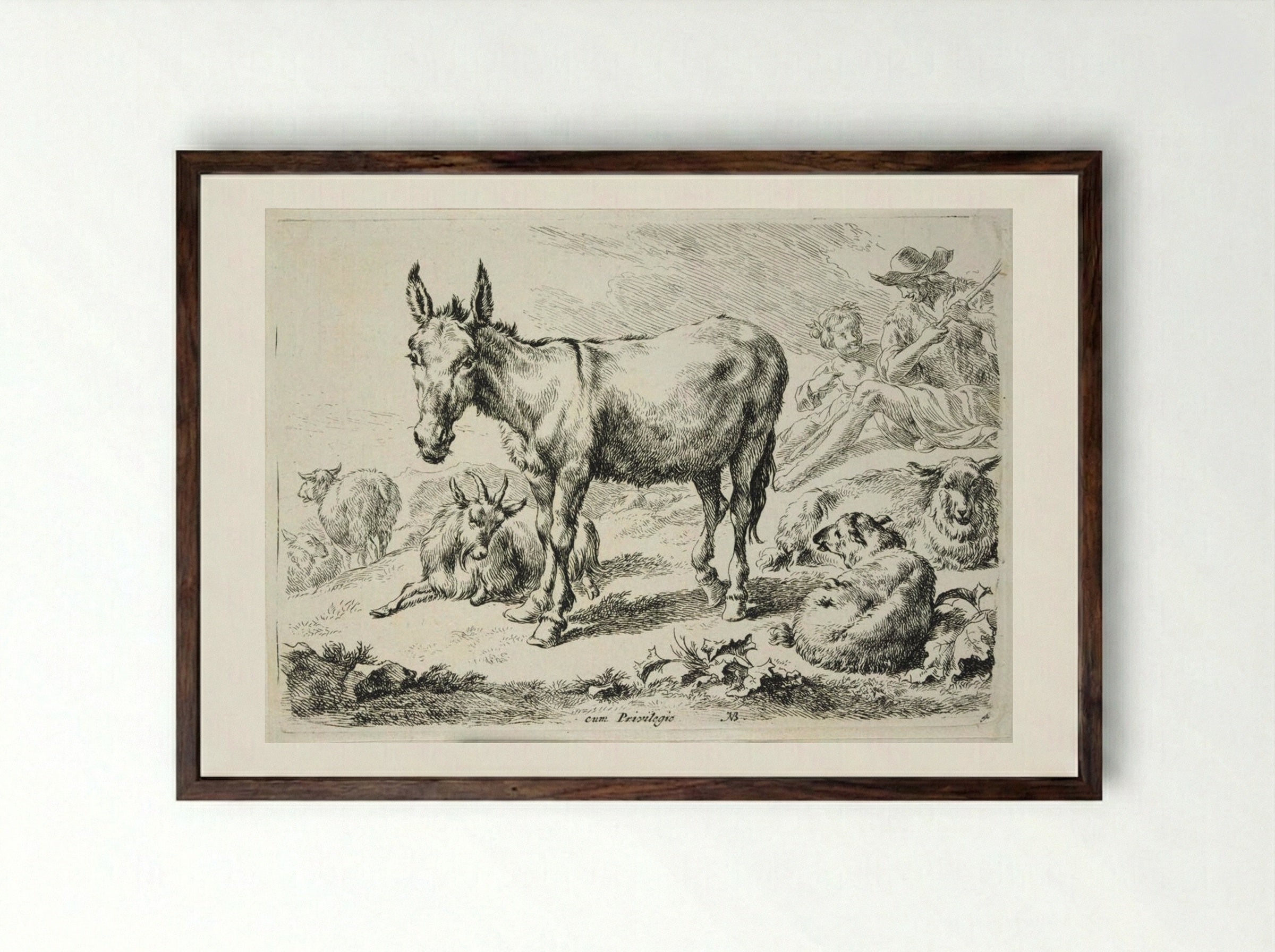 Donkey, Sheep, and Goats - Nicolaes Berchem - Framed Print Dark Wood