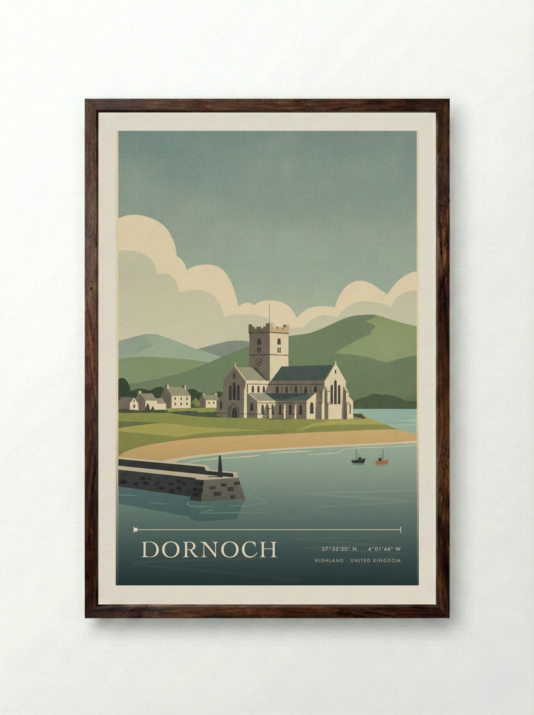 Dornoch Highland United Kingdom Travel Poster - Framed Print Dark Wood