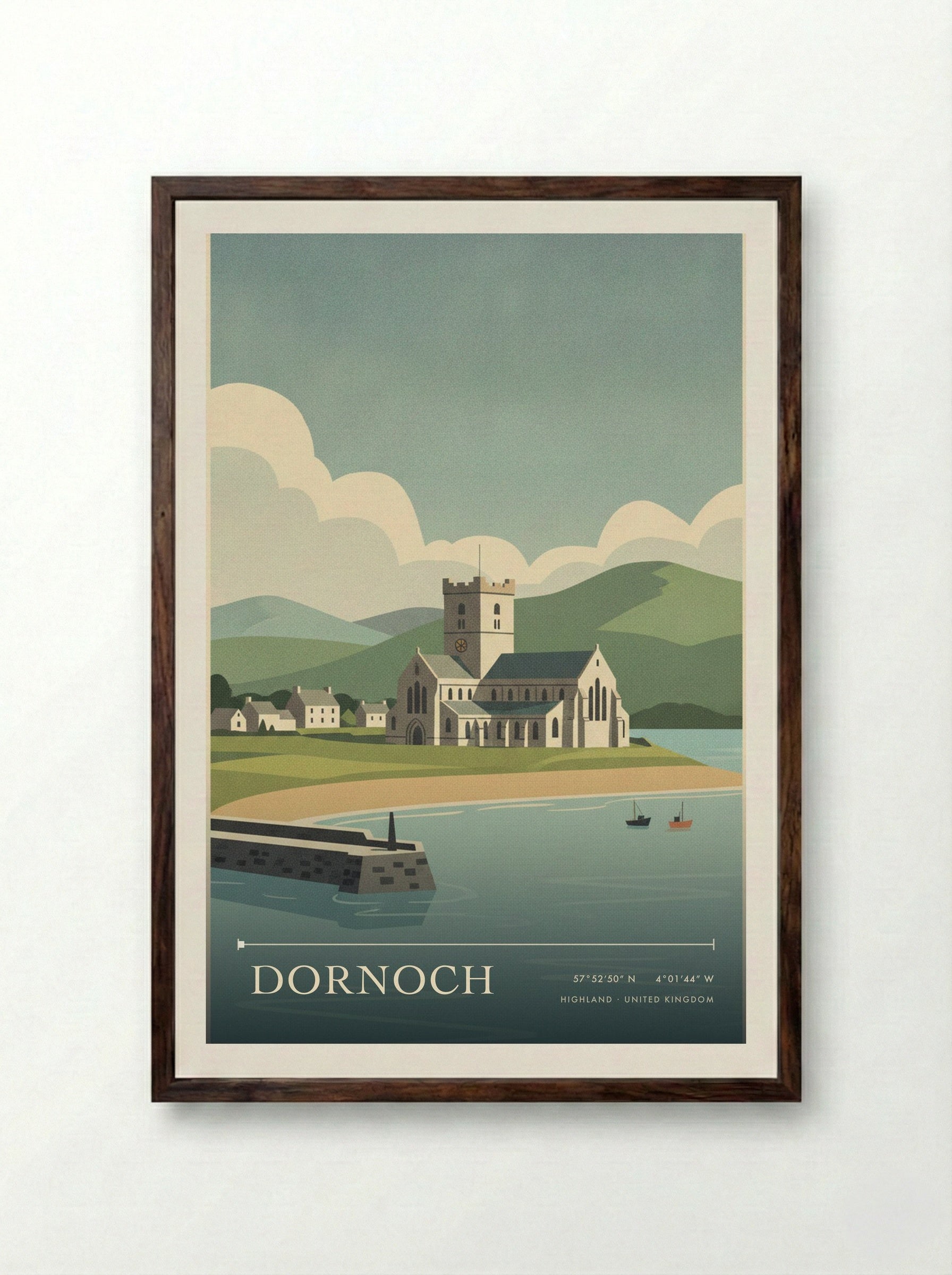 Dornoch Highland United Kingdom Travel Poster - Framed Print Dark Wood