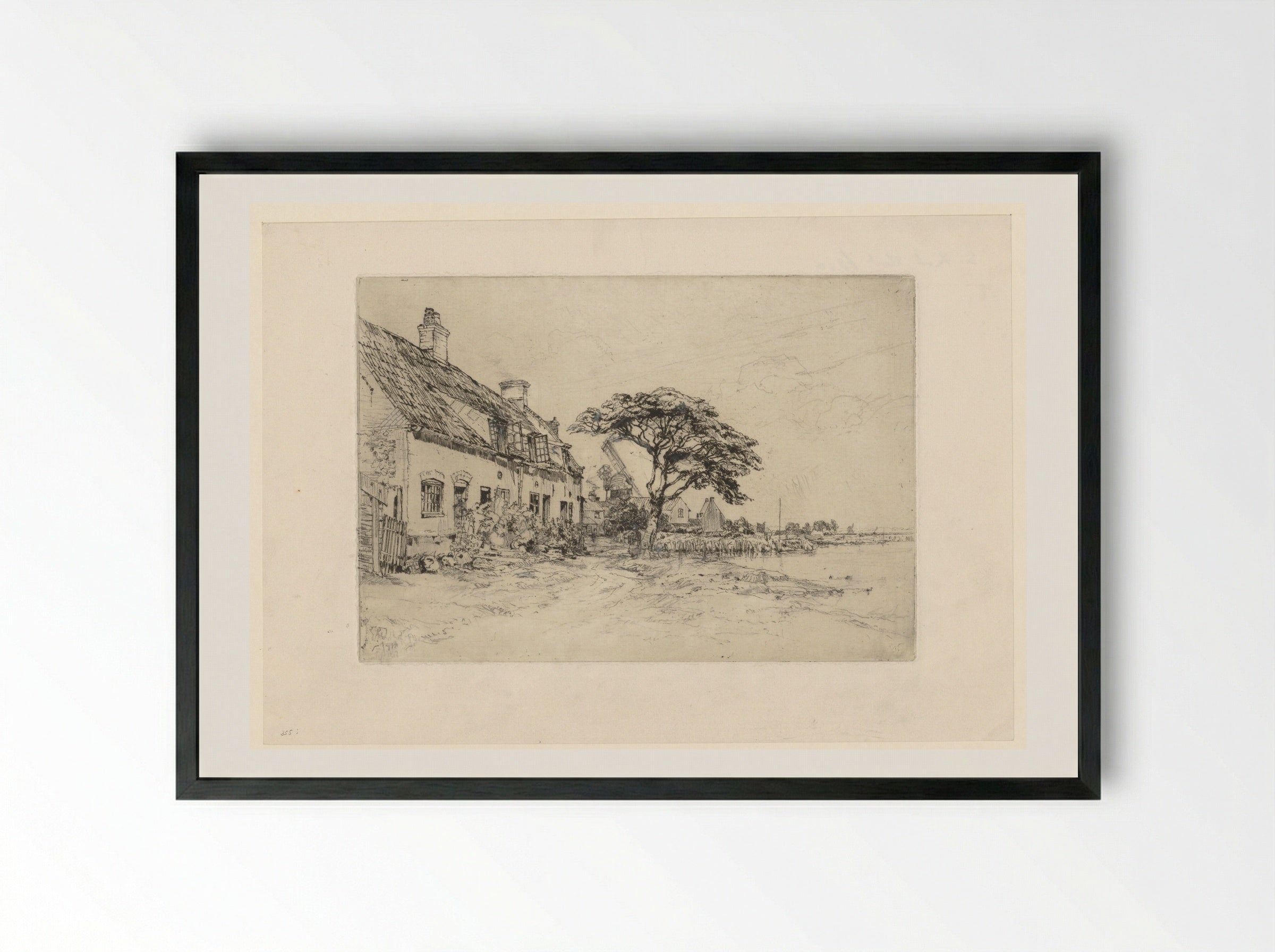 Dorp aan de oever van de rivier Bure - Sir Frank Short - Framed Print Black