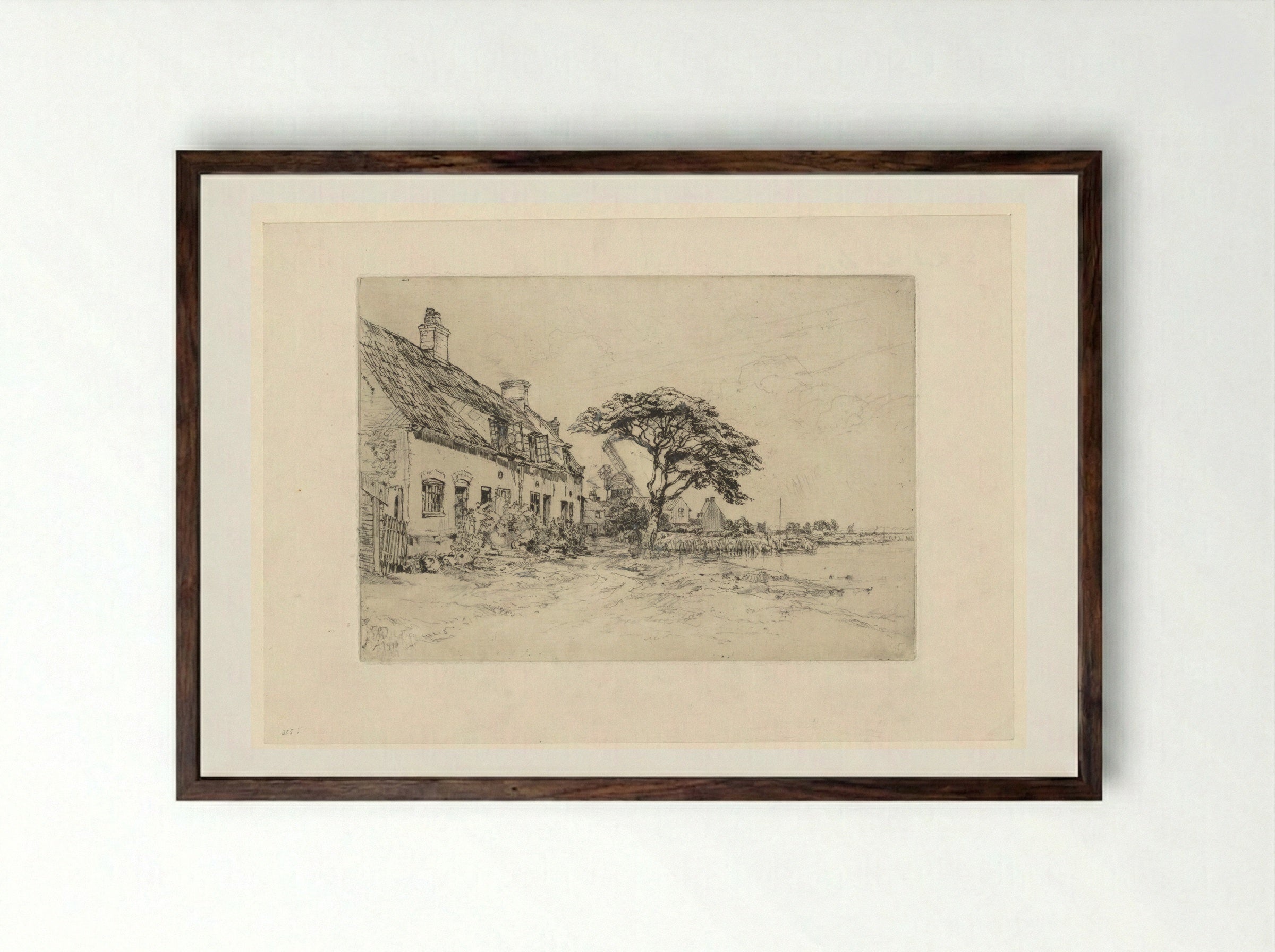 Dorp aan de oever van de rivier Bure - Sir Frank Short - Framed Print Dark Wood