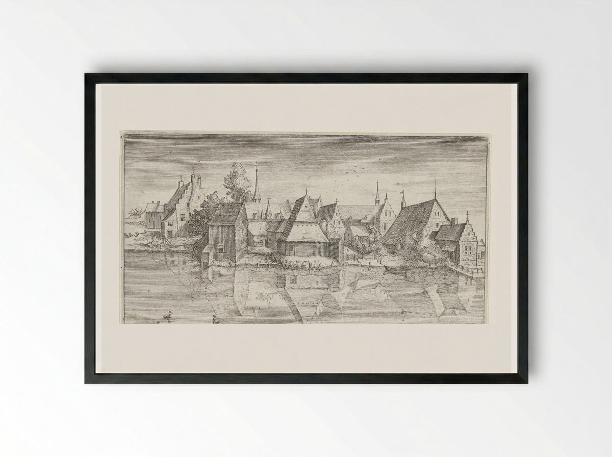Dorp aan een rivier - Hendrick Hondius (I) - Framed Print Black
