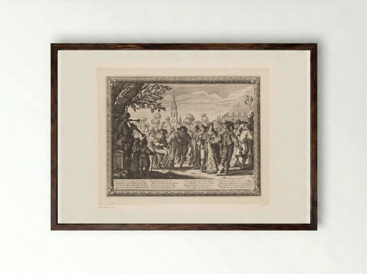 Dorpsfeest op een plein met bruiloftsdans - Abraham Bosse - Framed Print Dark Wood