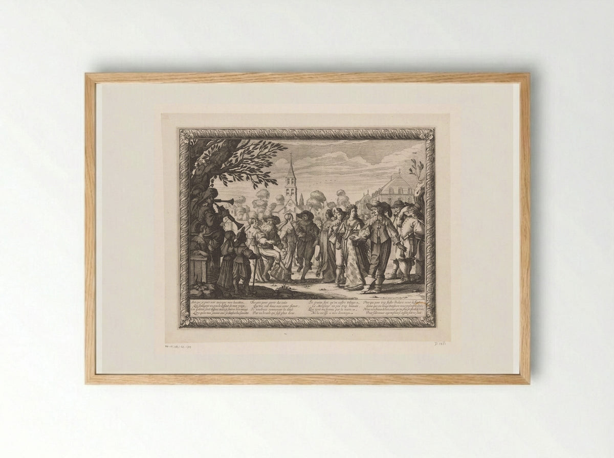 Dorpsfeest op een plein met bruiloftsdans - Abraham Bosse - Framed Print Wood