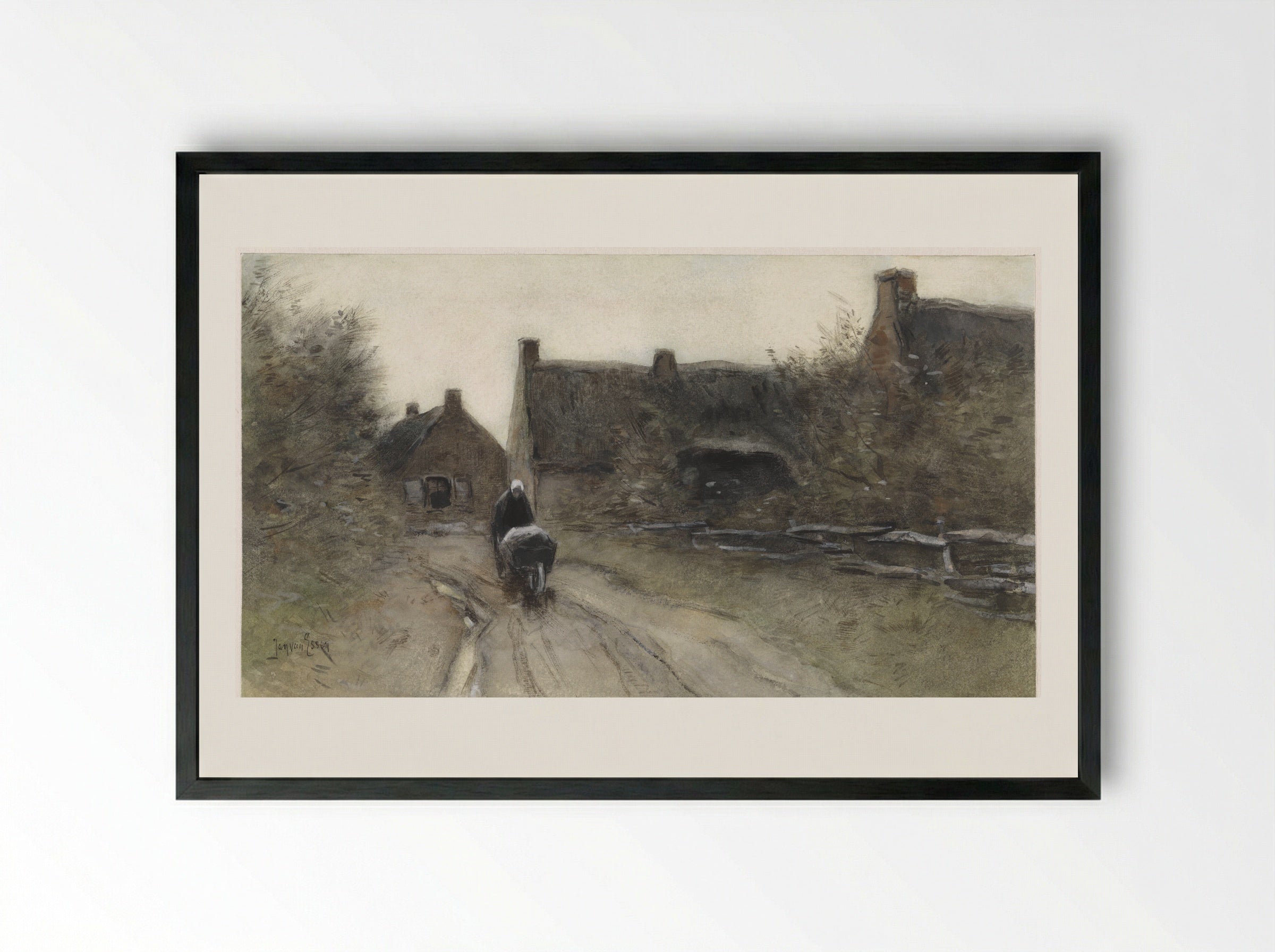 Dorpsgezicht met vrouw met kruiwagen - Jan van Essen - Framed Print Black
