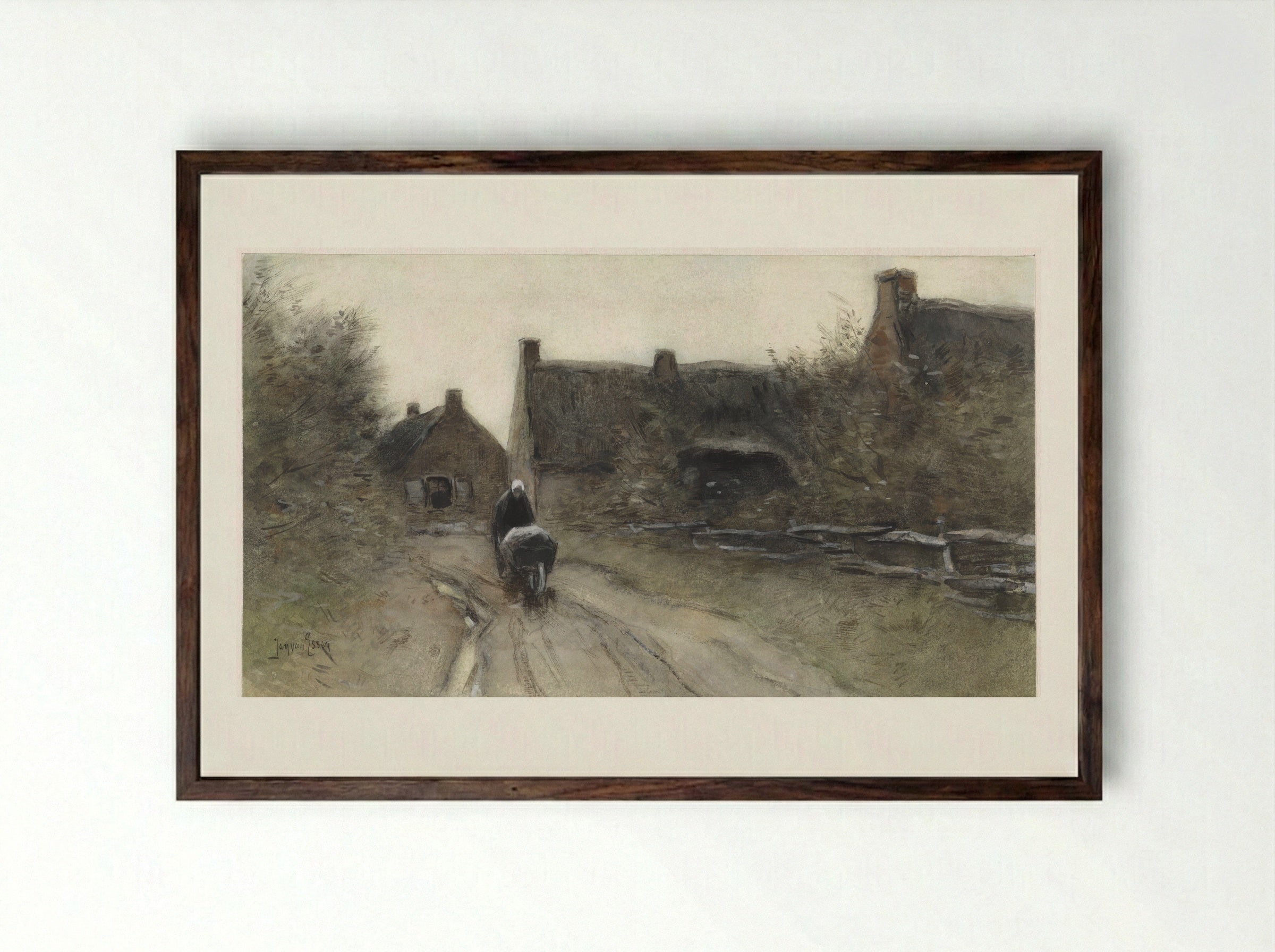 Dorpsgezicht met vrouw met kruiwagen - Jan van Essen - Framed Print Dark Wood