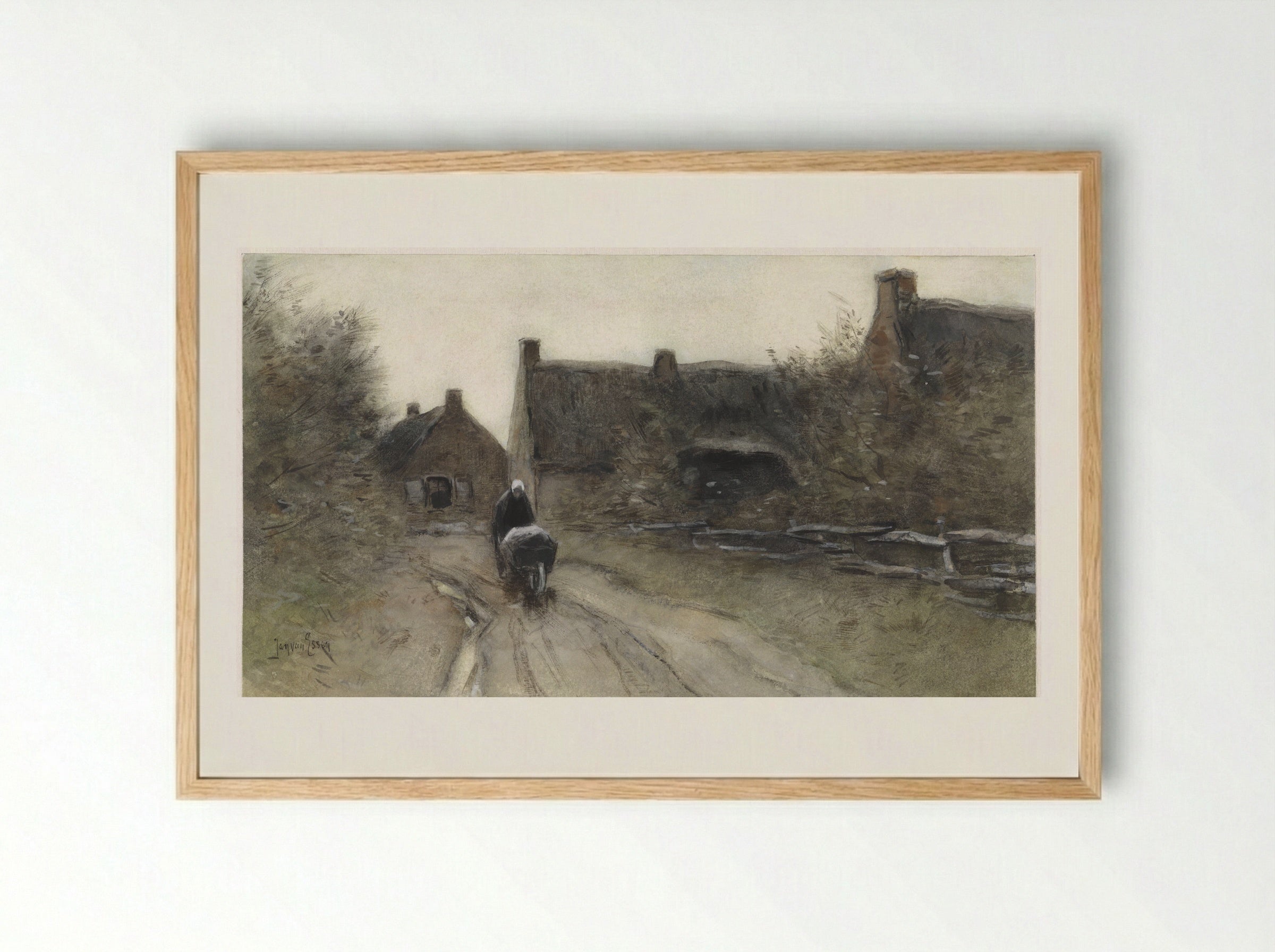 Dorpsgezicht met vrouw met kruiwagen - Jan van Essen - Framed Print Wood
