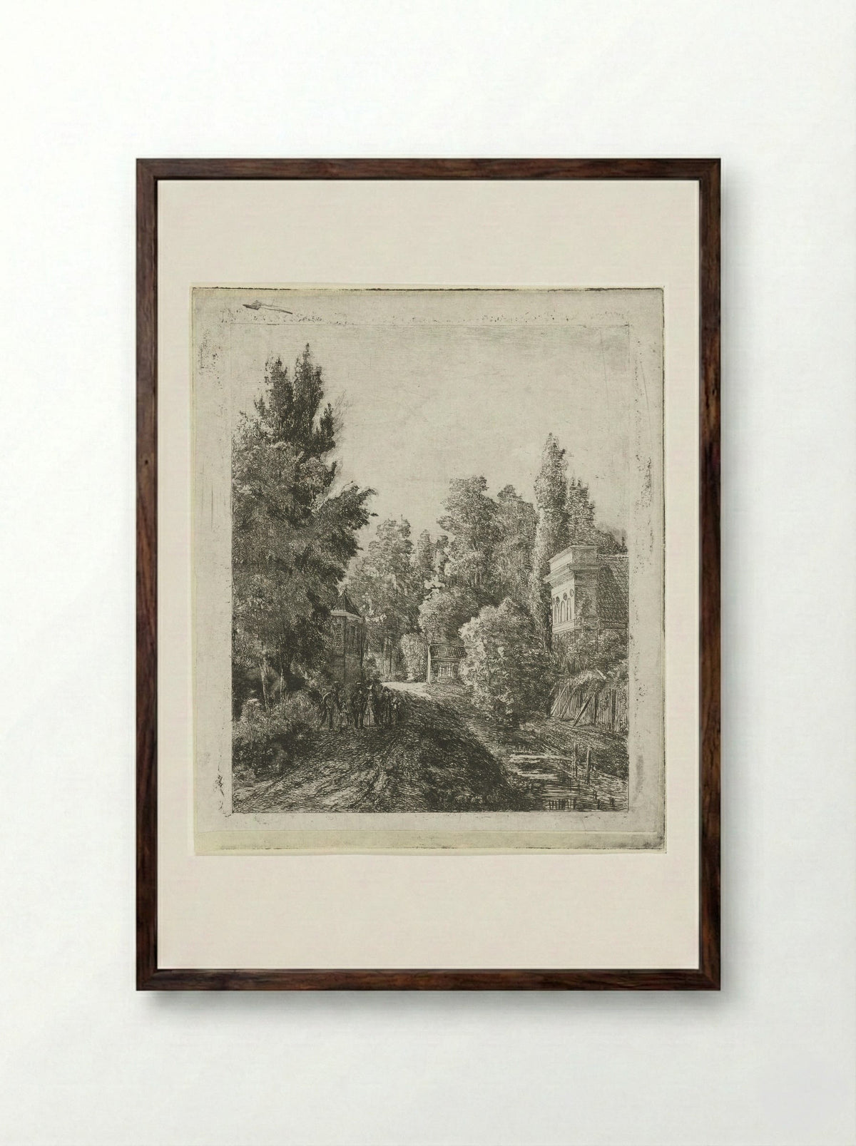Dorpsstraat met een wandelend gezelschap - Johannes Adrianus van der Drift - Framed Print Dark Wood