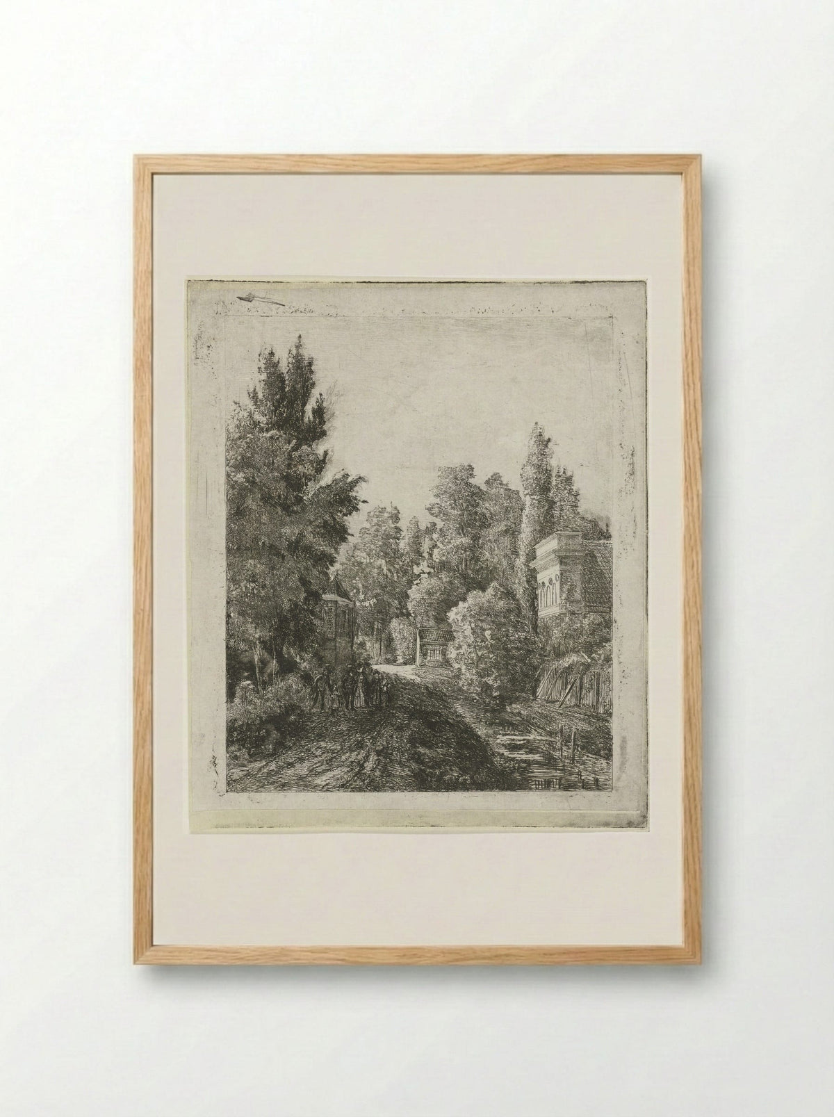 Dorpsstraat met een wandelend gezelschap - Johannes Adrianus van der Drift - Framed Print Wood