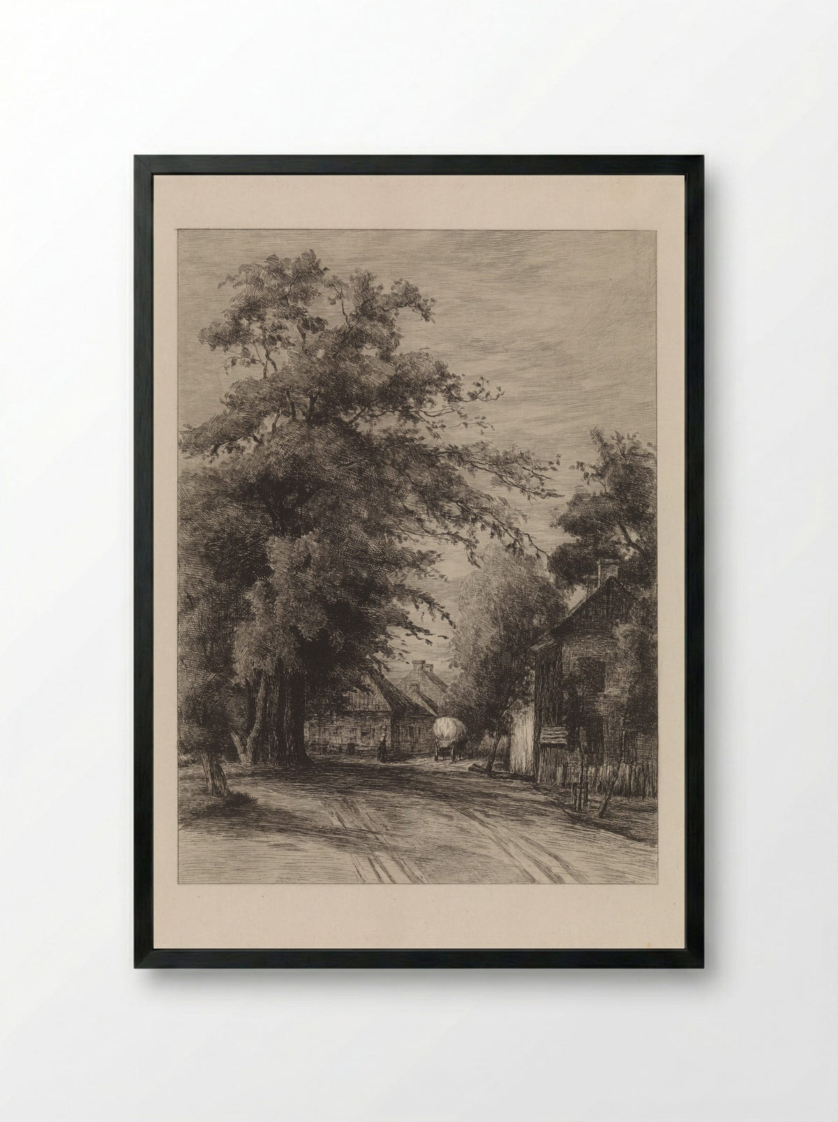 Dorpsweg met huifkar - Willem Oppenoorth - Framed Print Black