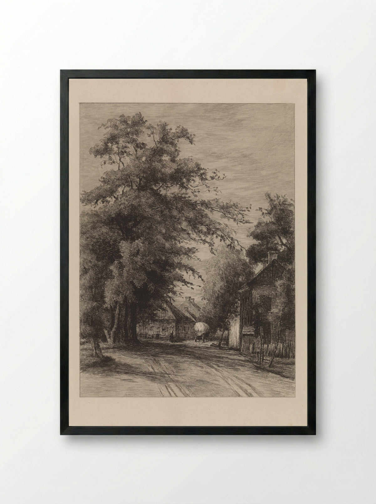Dorpsweg met huifkar - Willem Oppenoorth - Framed Print Black