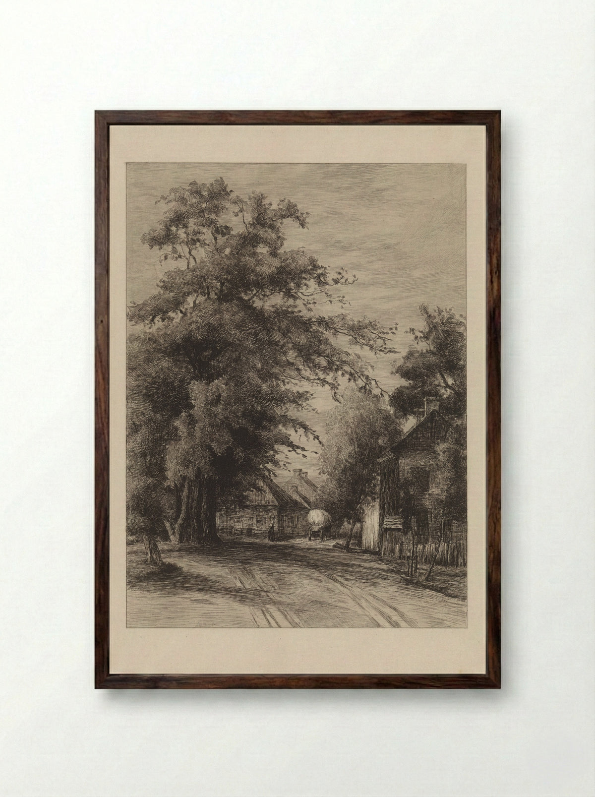 Dorpsweg met huifkar - Willem Oppenoorth - Framed Print Dark Wood