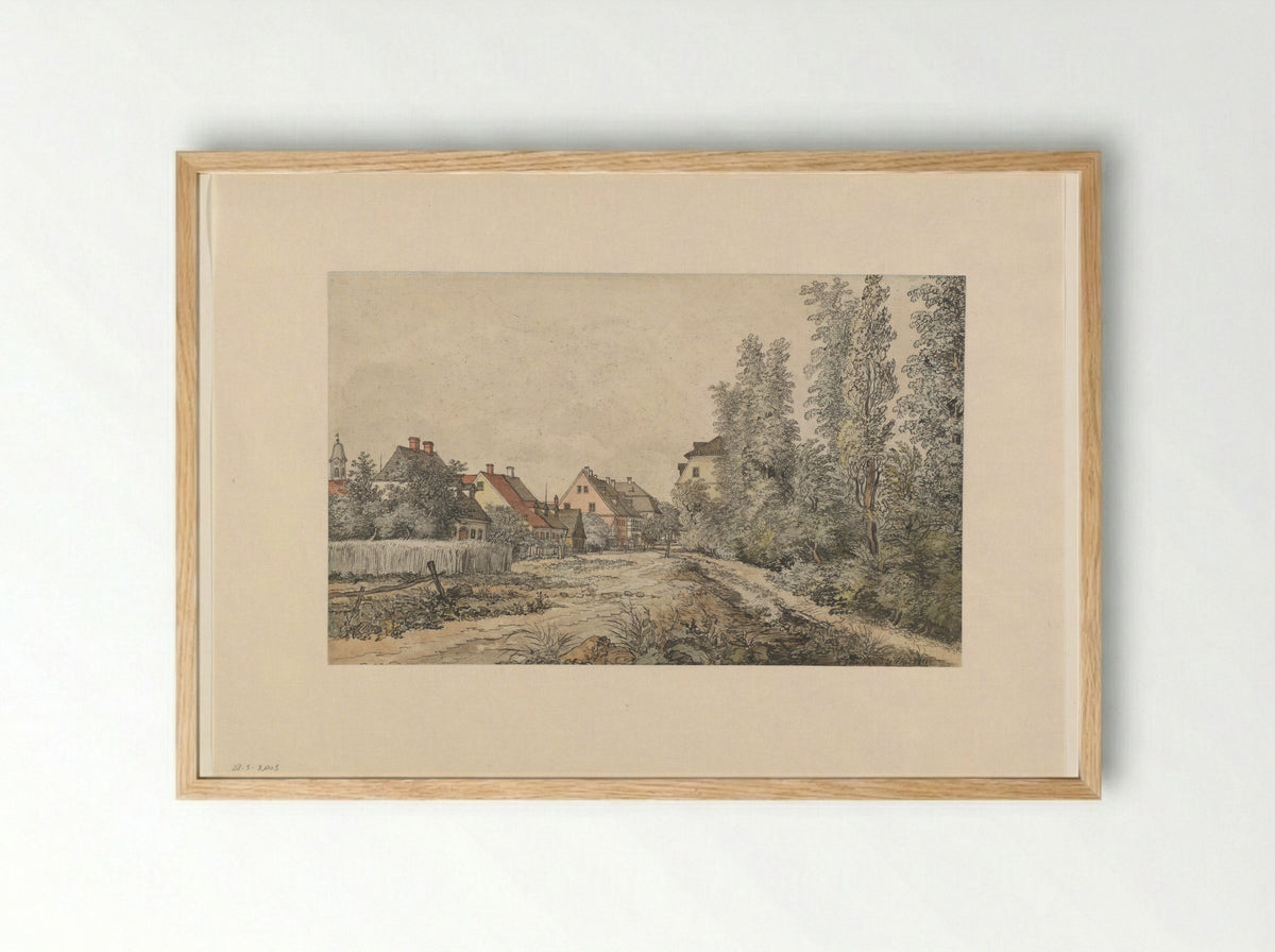 Dorpsweg met huizen (in Duitsland?) - Henry Edridge - Framed Print Wood