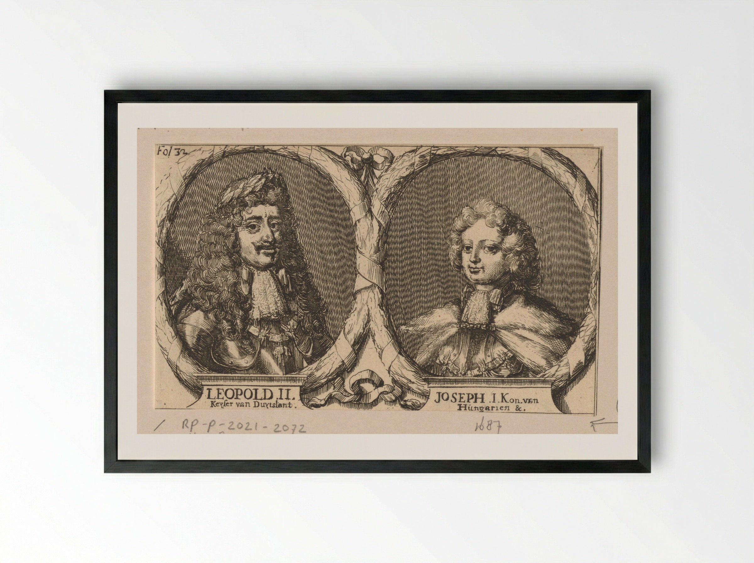 Double Portrait of Emperor Leopold I and Joseph I as King of Hungary - Romeyn de Hooghe - Framed Print Black
