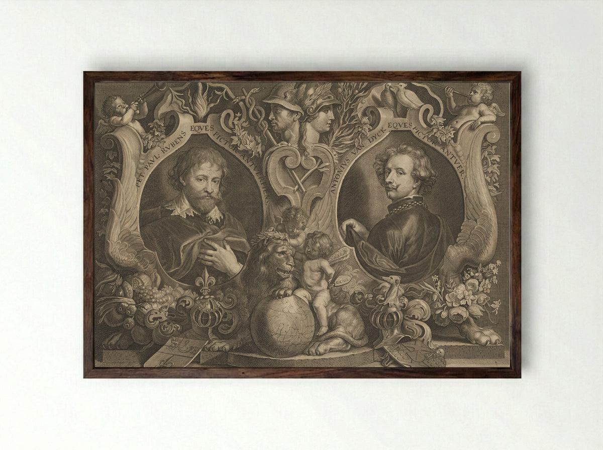Double Portrait of Peter Paul Rubens and Anthony van Dyck - Anthony van Dyck - Framed Print Dark Wood