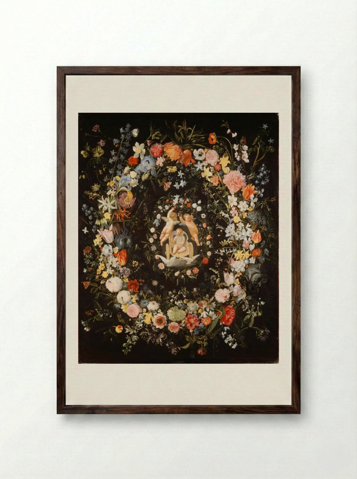 Double wreath surrounding a medallion with the triumph of love - Domenichino - Framed Print Dark Wood