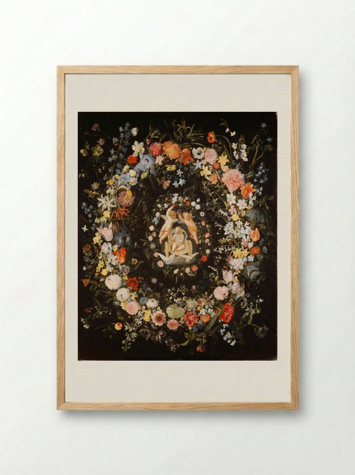 Double wreath surrounding a medallion with the triumph of love - Domenichino - Framed Print Wood