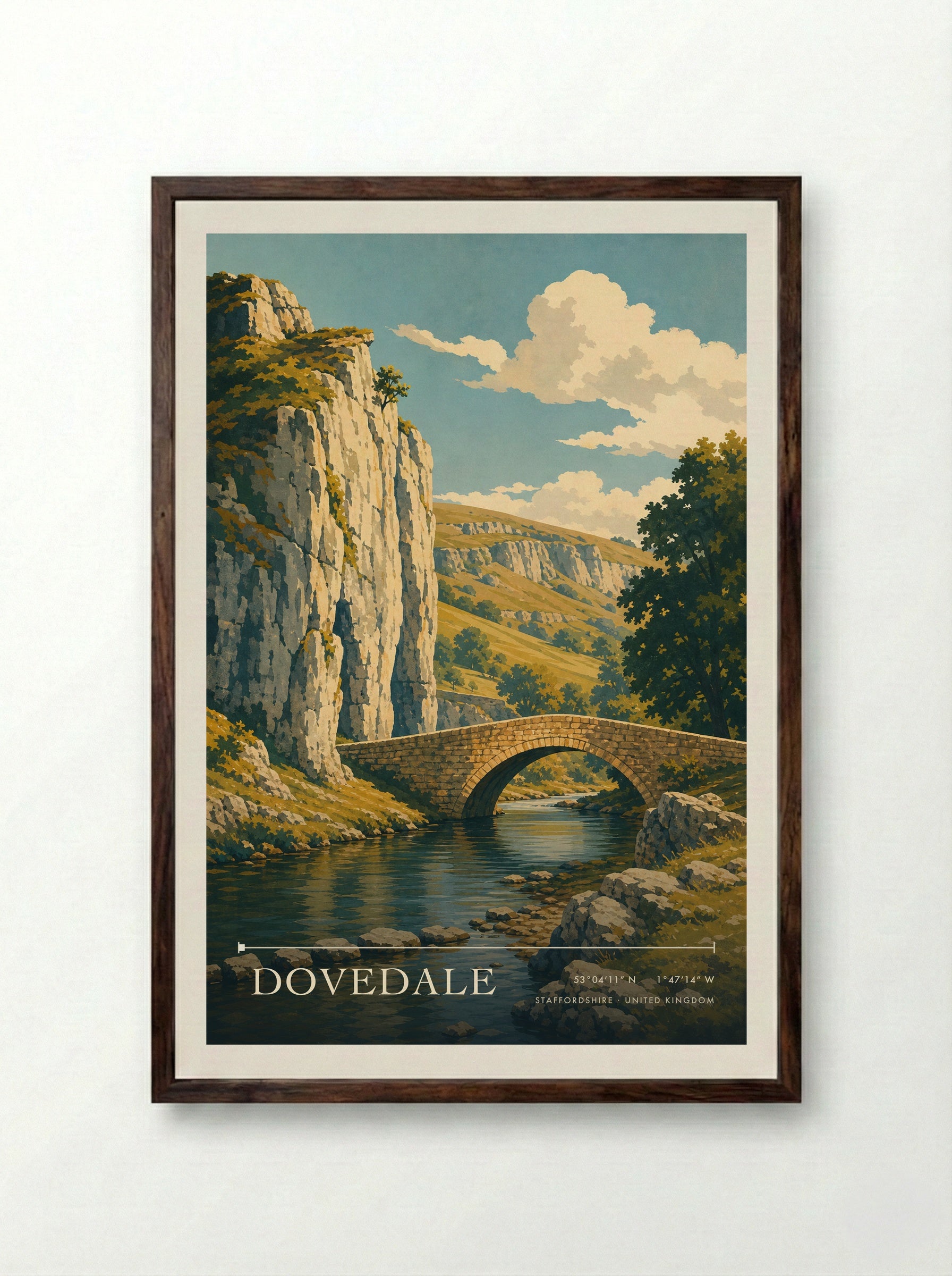 Dovedale Staffordshire United Kingdom Travel Poster - Framed Print Dark Wood