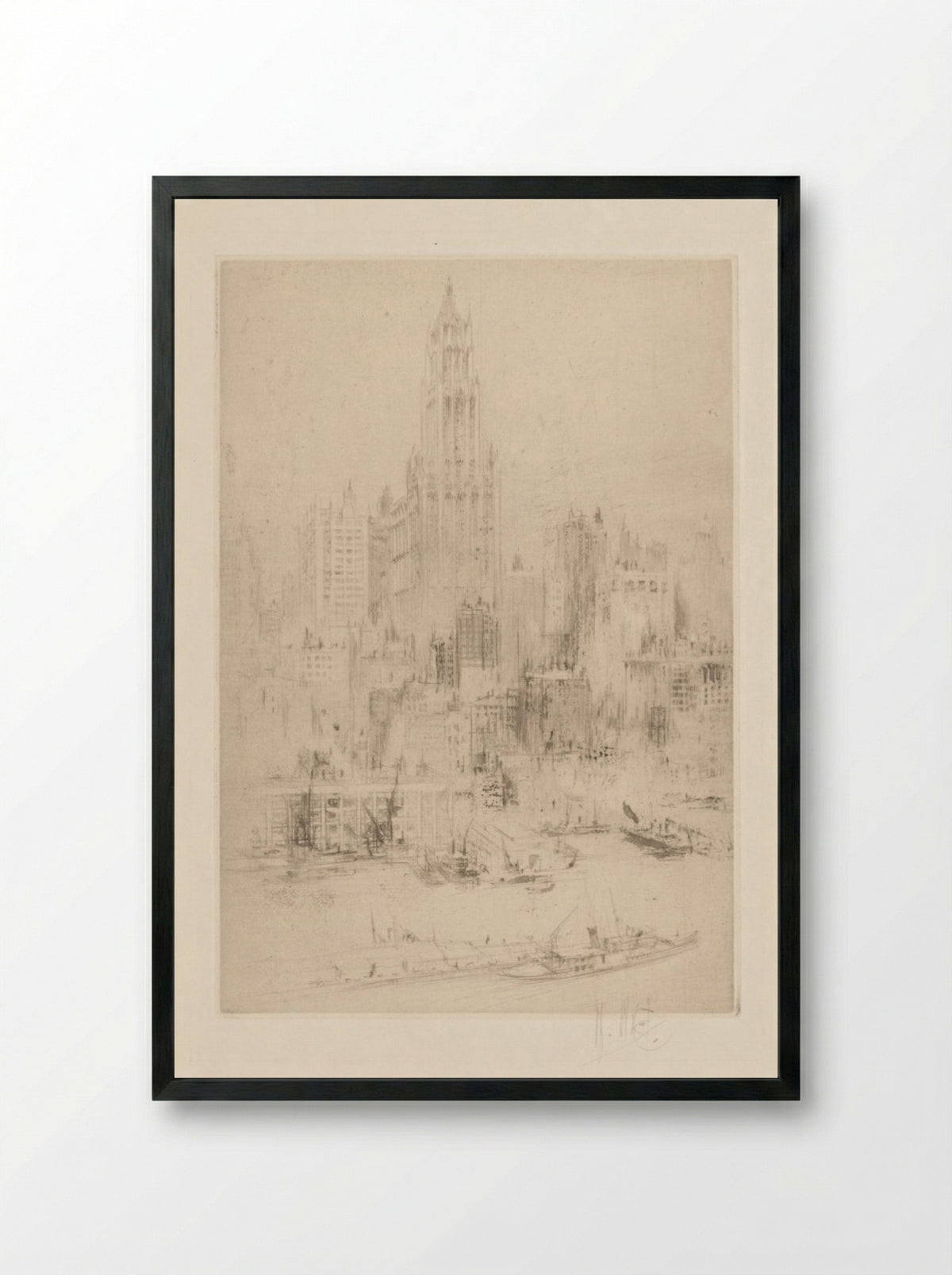 Downtown Manhattan from the East River, with the Woolworth Building - William Walcot - Framed Print Black