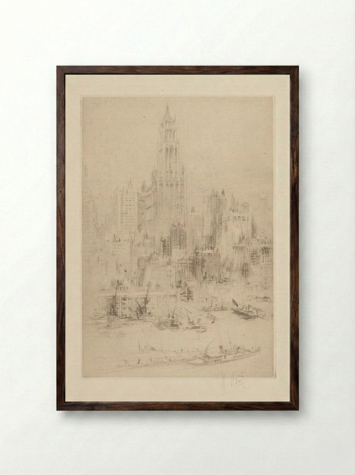 Downtown Manhattan from the East River, with the Woolworth Building - William Walcot - Framed Print Dark Wood
