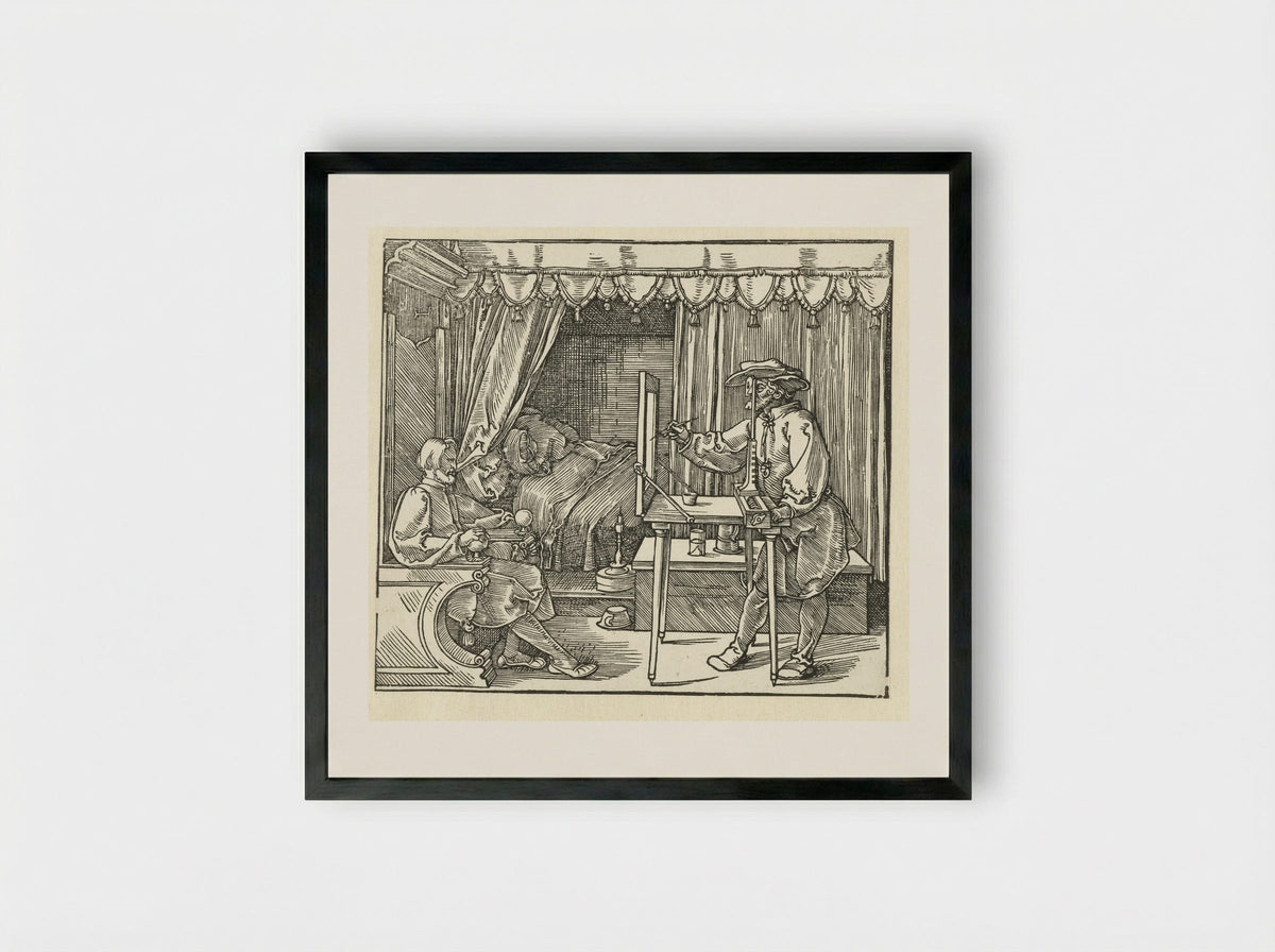 Draftsman Drawing a Reclining Nude - Albrecht Dürer - Framed Print Black