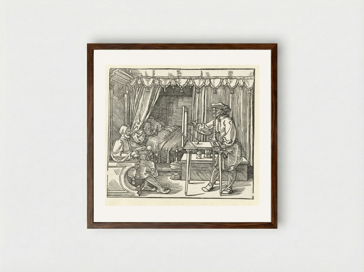 Draftsman Drawing a Reclining Nude - Albrecht Dürer - Framed Print Dark Wood