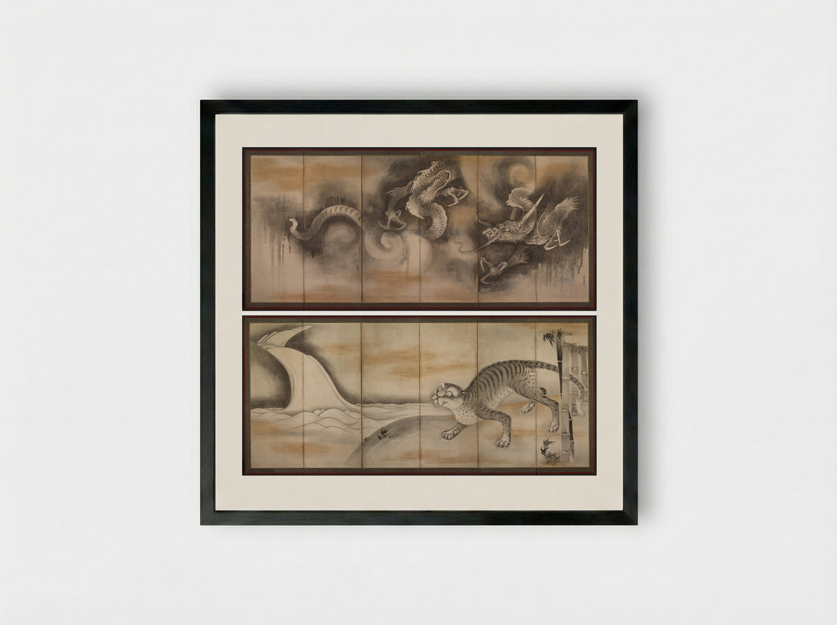Dragon and Tiger - Soga Nichokuan - Framed Print Black