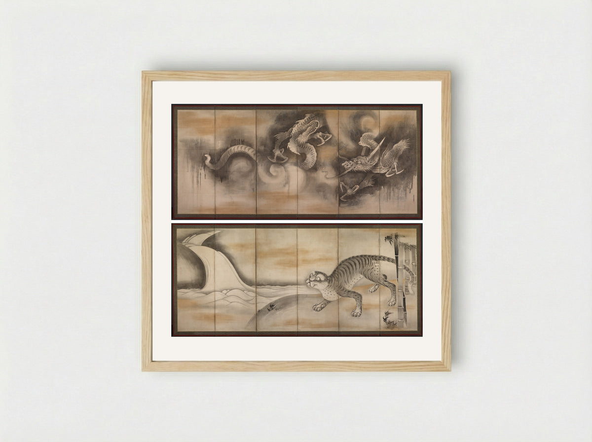 Dragon and Tiger - Soga Nichokuan - Framed Print Wood