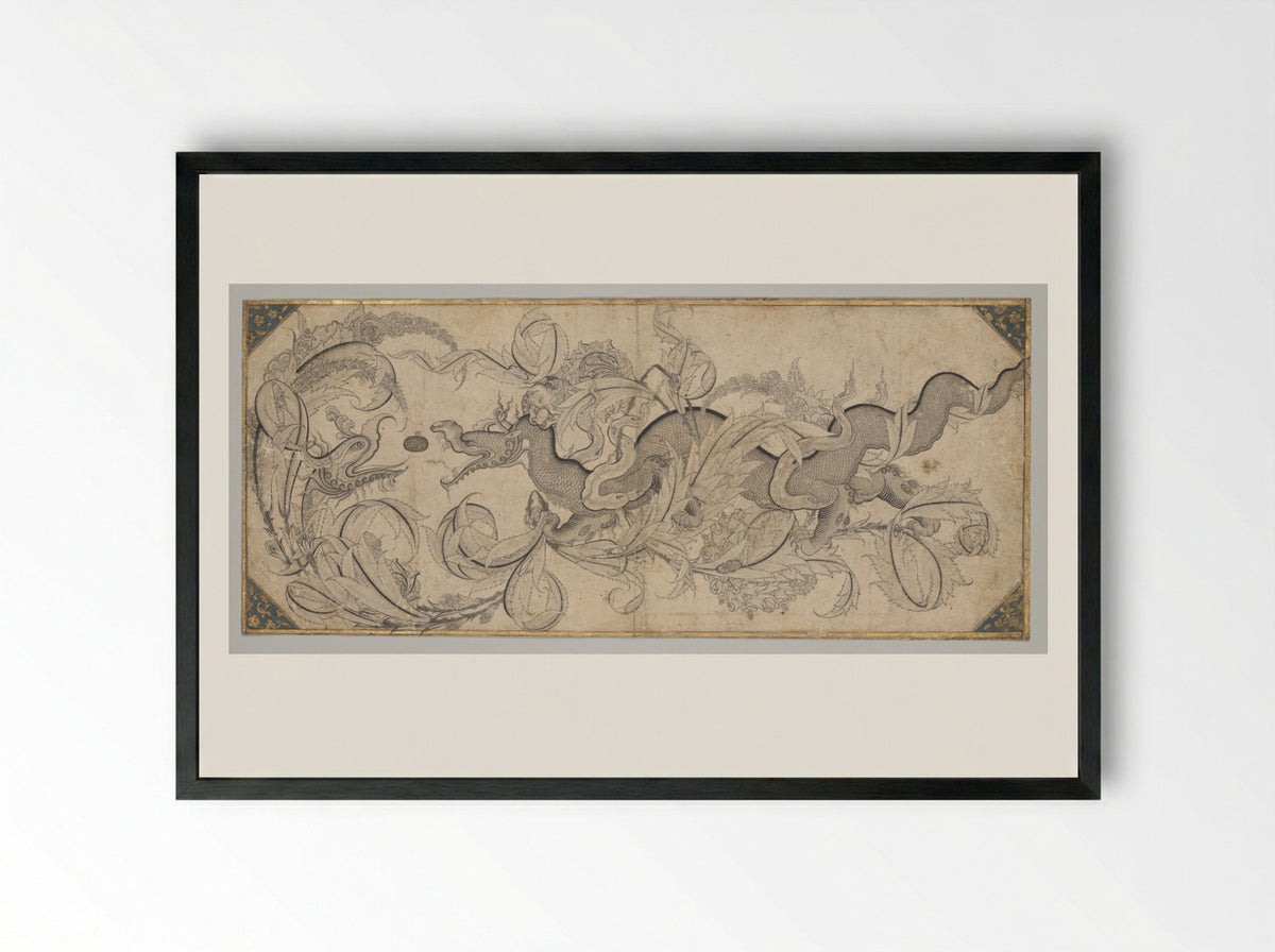 Dragon in foliage with lion and phoenix heads - Sahkulu - Framed Print Black