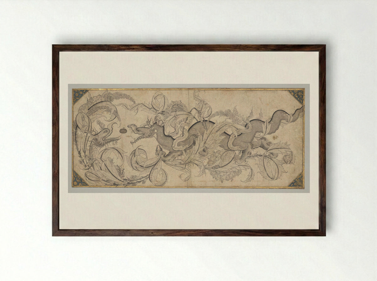 Dragon in foliage with lion and phoenix heads - Sahkulu - Framed Print Dark Wood