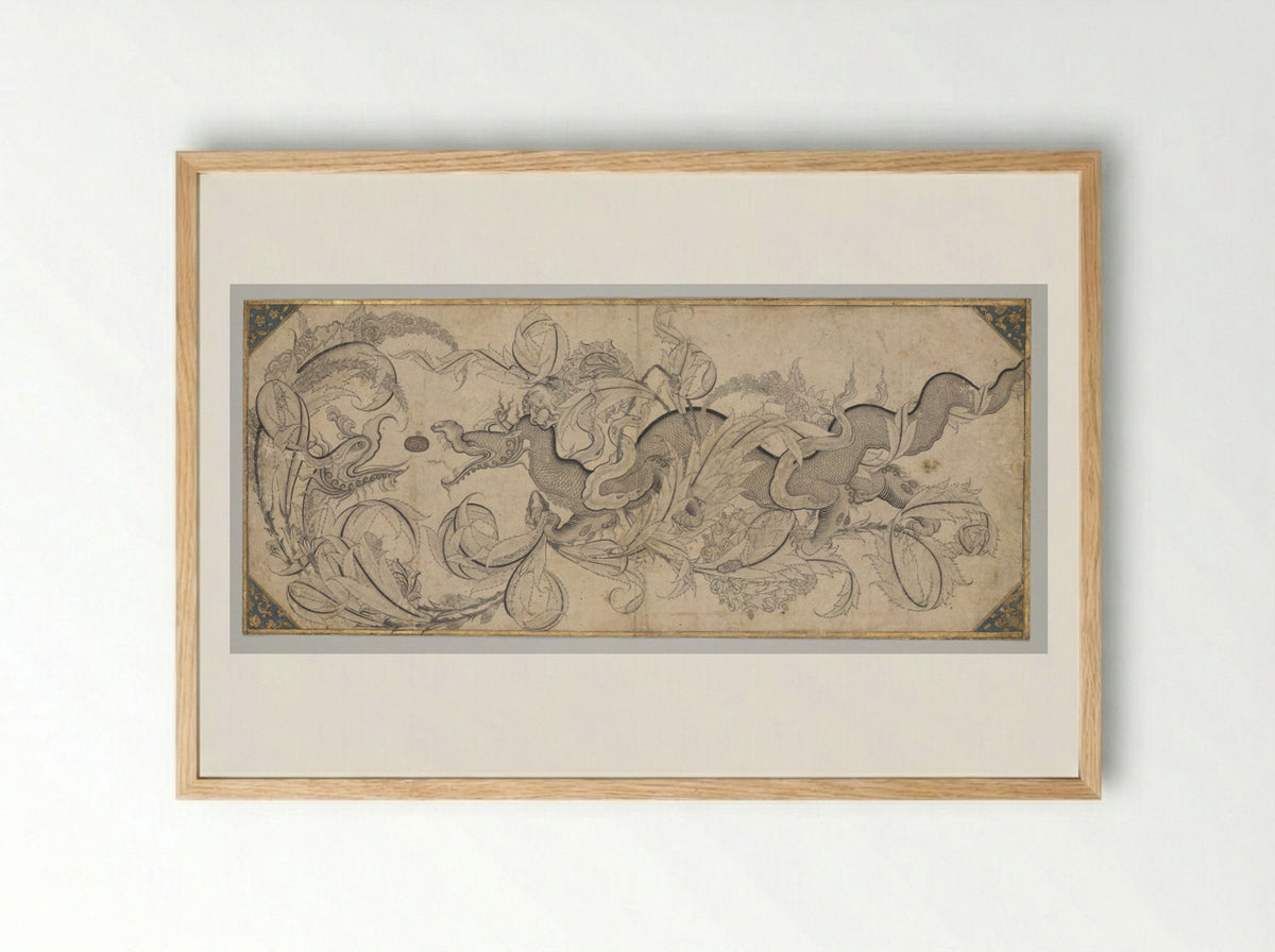 Dragon in foliage with lion and phoenix heads - Sahkulu - Framed Print Wood