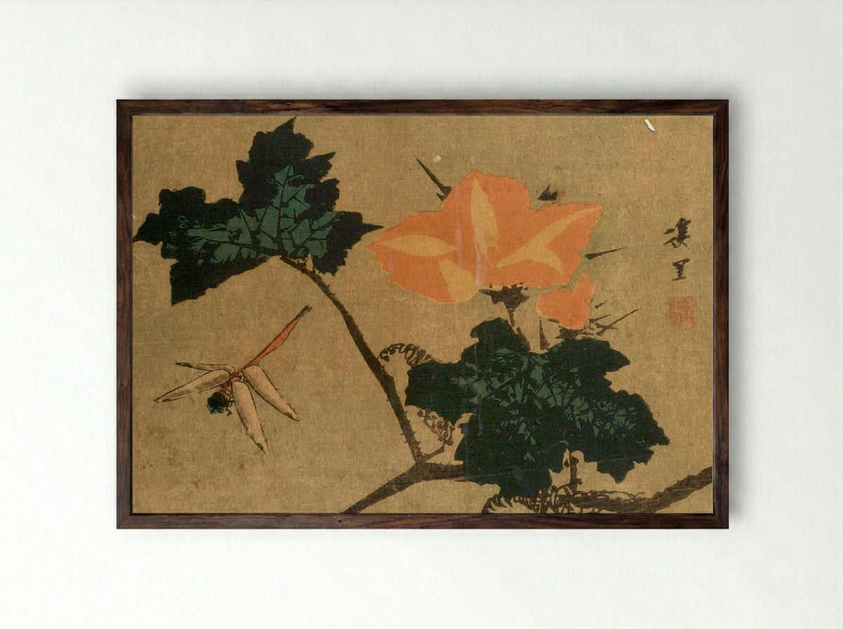 Dragonfly and Morning Glory - Keiri - Framed Print Dark Wood