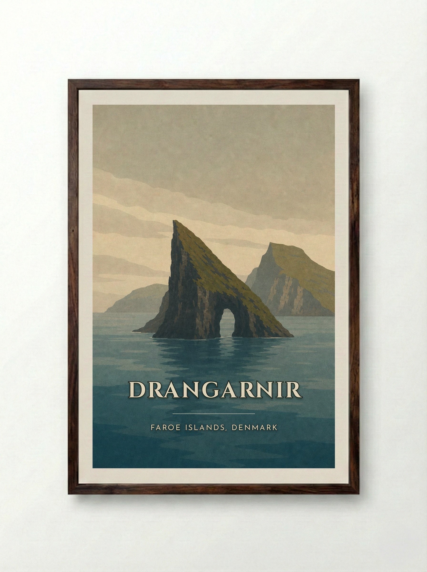 Drangarnir Travel Poster Artwork - Framed Print Dark Wood
