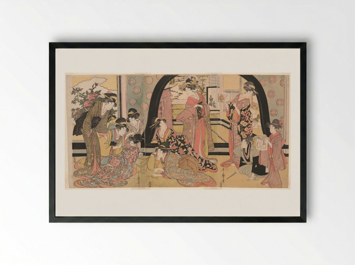 Drawing Lots for Prizes (Ho biki) - Kitagawa Utamaro - Framed Print Black