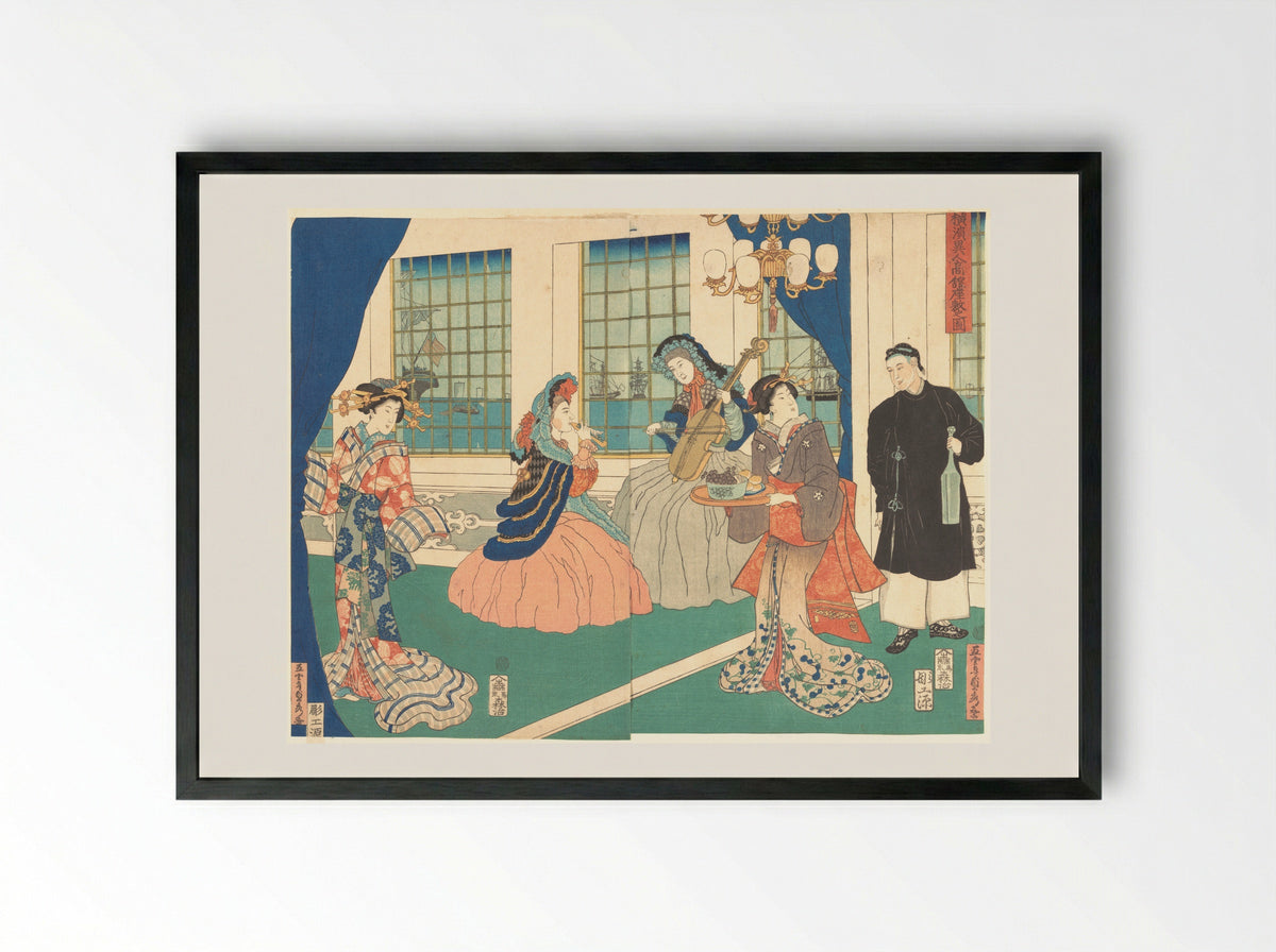 Drawing Room of a Foreign Business Establishment in Yokohama - Utagawa Sadahide - Framed Print Black