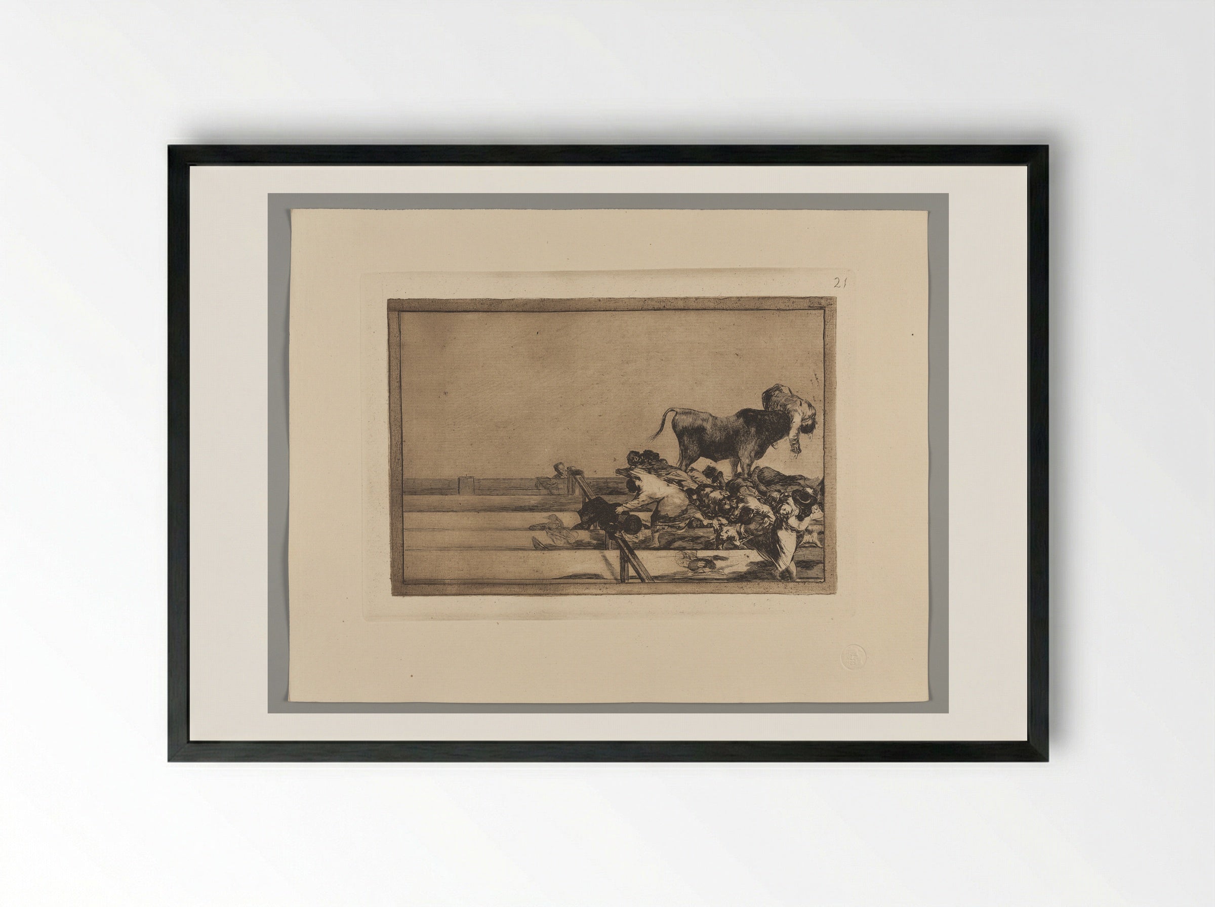 Dreadful Events in the Front Rows of the Ring at Madrid and Death of the Mayor of Torrejon - Francisco José de Goya y Lucientes - Framed Print Black