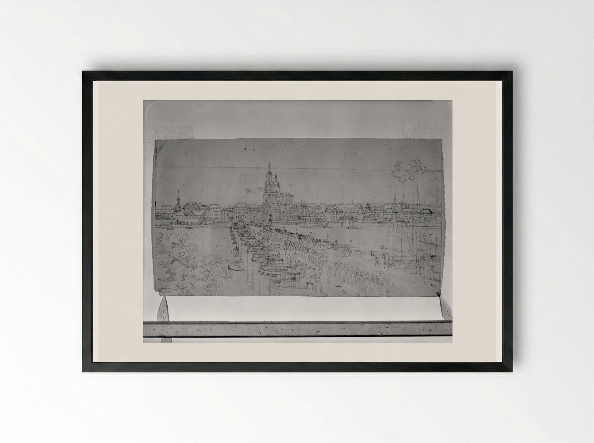Dresden: A View of the Augustus Bridge Looking toward the Hofkirche - Adrian Ludwig Richter - Framed Print Black