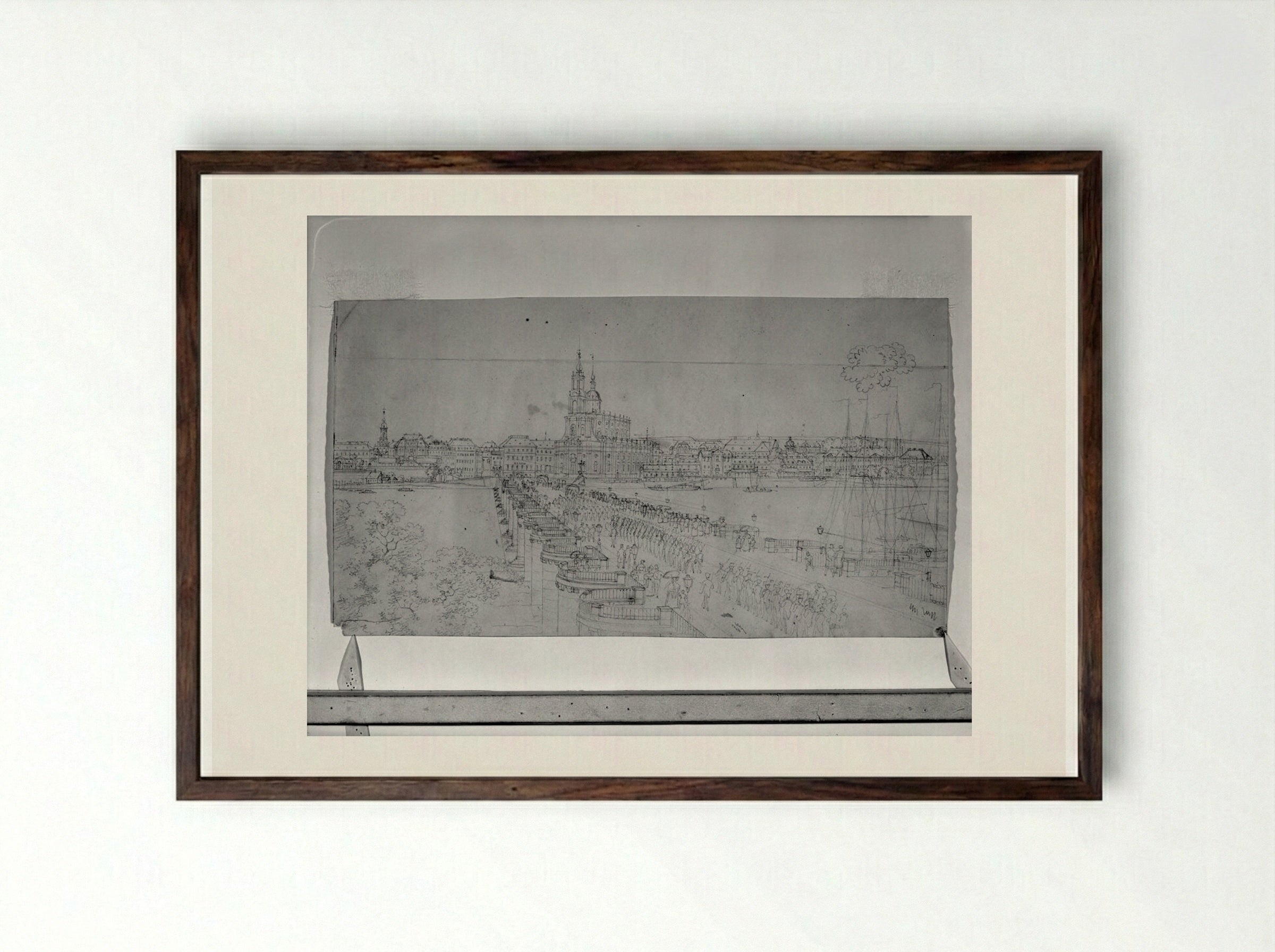 Dresden: A View of the Augustus Bridge Looking toward the Hofkirche - Adrian Ludwig Richter - Framed Print Dark Wood