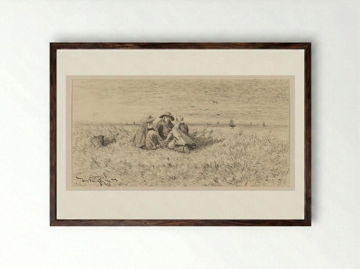 Drie Scheveningsche vrouwen in de duinen - Jan Vrolijk - Framed Print Dark Wood