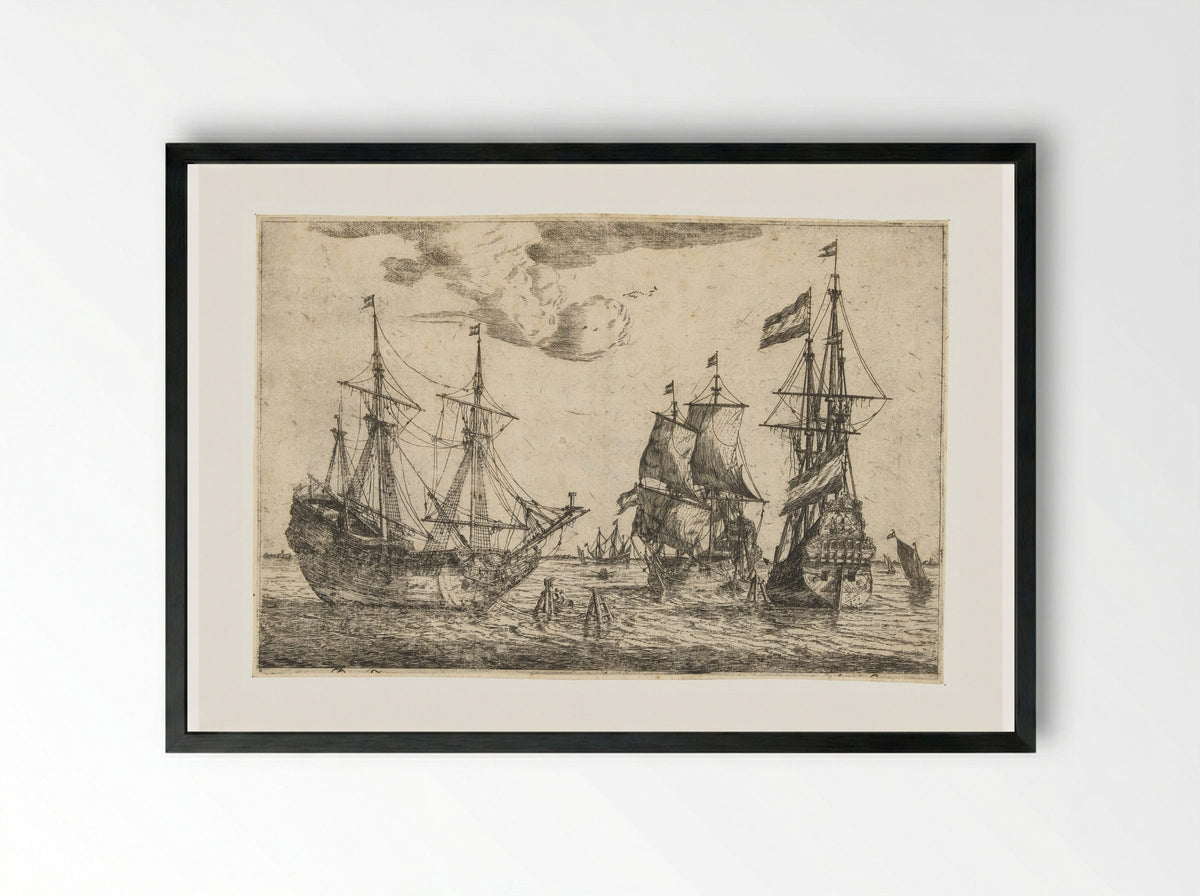 Drie aangemeerde zeilschepen - Reinier Nooms - Framed Print Black